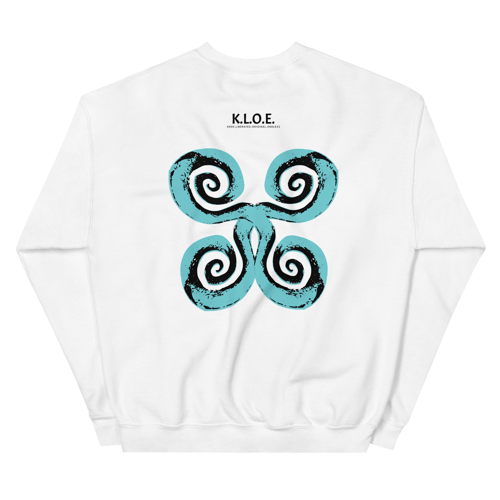 The back of the white K.L.O.E. sweatshirt featuring a culturally inspired, hand-drawn design of bold black and teal spirals, symbolizing self-expression, individuality, and modern bohemian style.