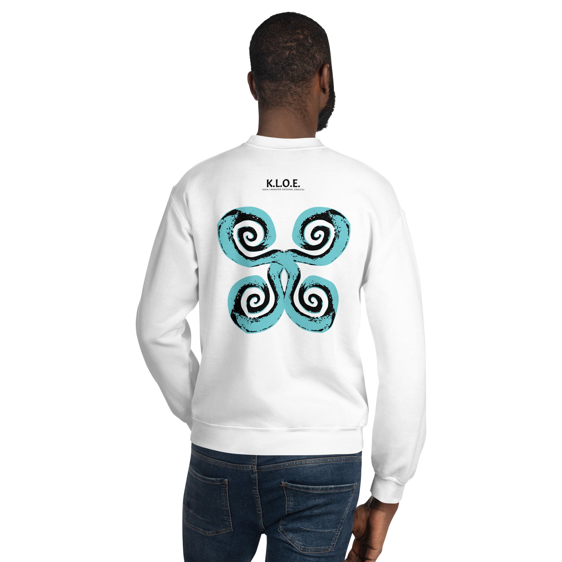 The back of the white K.L.O.E. sweatshirt featuring a culturally inspired, hand-drawn design of bold black and teal spirals, symbolizing self-expression, individuality, and modern bohemian style, worn by a male model.
