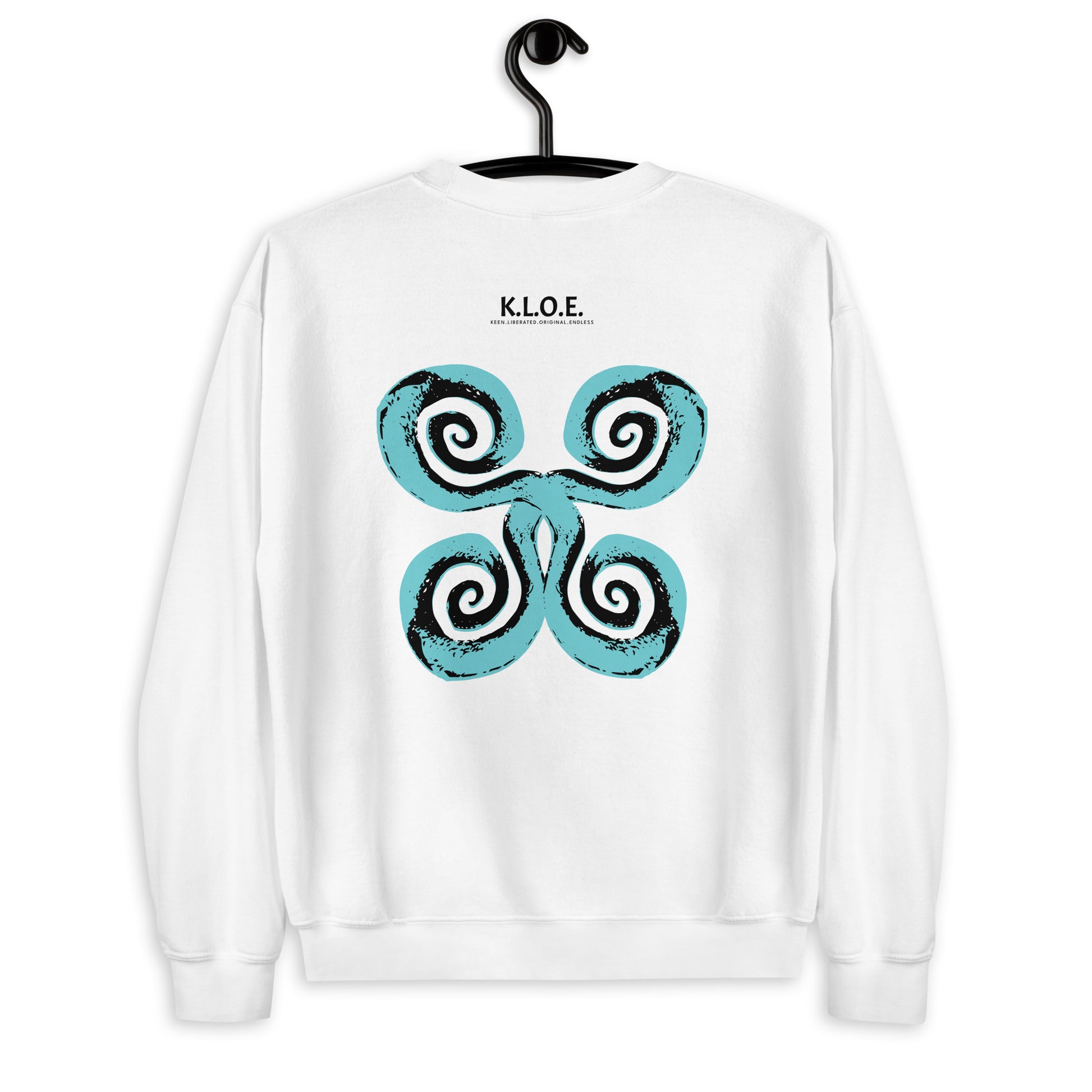 The back of the white K.L.O.E. sweatshirt featuring a culturally inspired, hand-drawn design of bold black and teal spirals, symbolizing self-expression, individuality, and modern bohemian style.