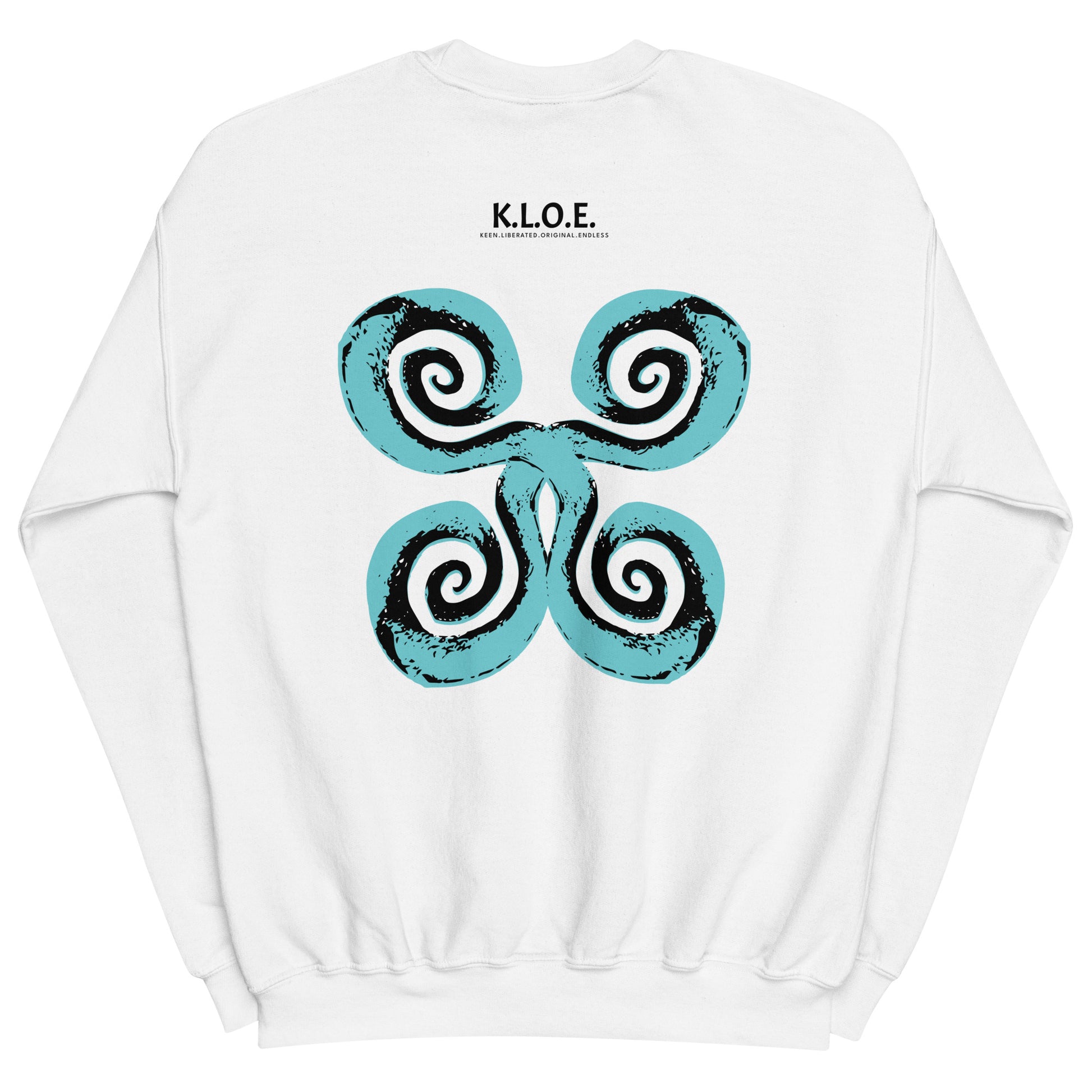 The back of the white K.L.O.E. sweatshirt featuring a culturally inspired, hand-drawn design of bold black and teal spirals, symbolizing self-expression, individuality, and modern bohemian style.