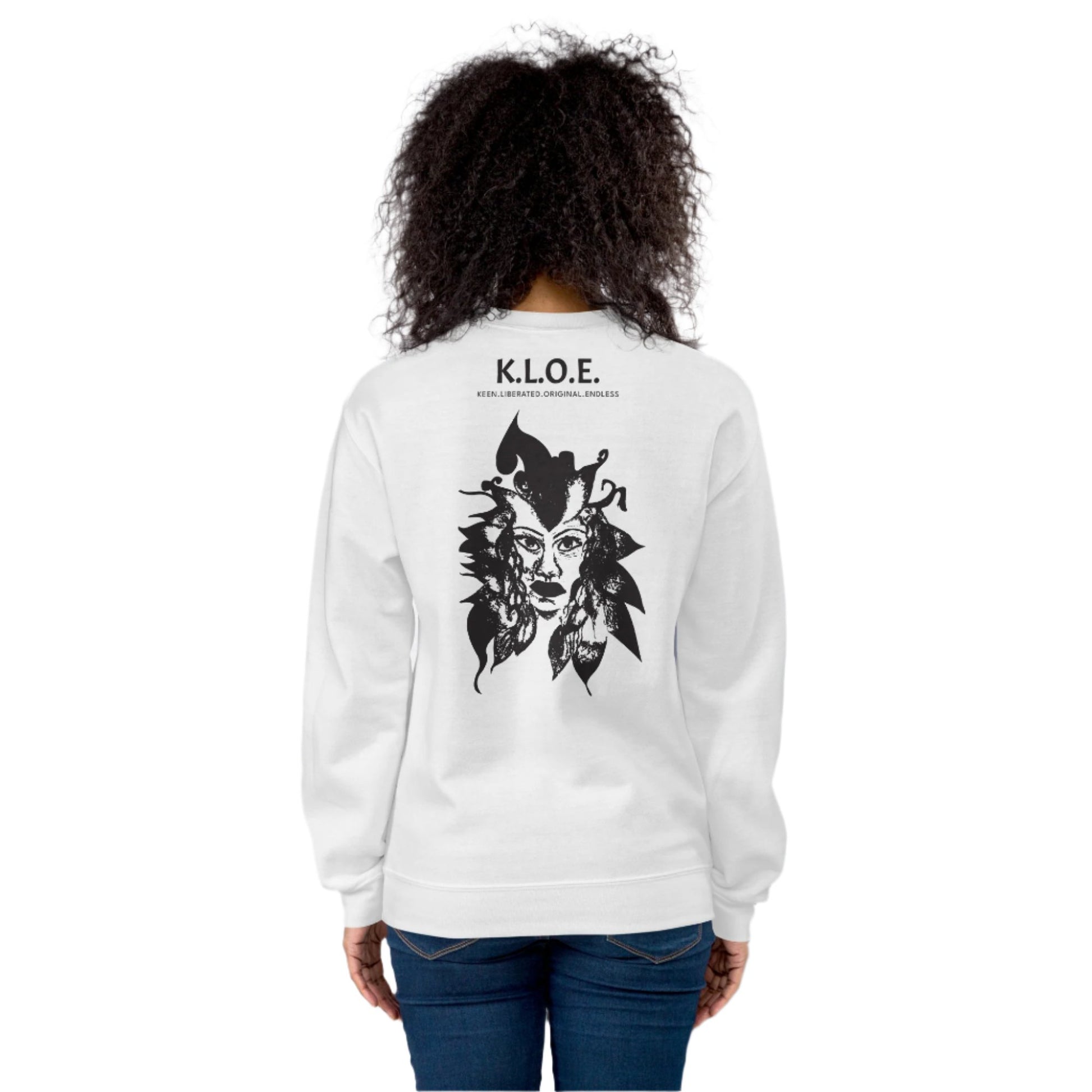 Back view of a white K.L.O.E. sweatshirt showcasing a culturally inspired, hand-drawn black design featuring a bold, expressive face intertwined with flowing, abstract patterns, and K.L.O.E. logo, embodying artistic self-expression and modern bohemian style fashion, on a model.