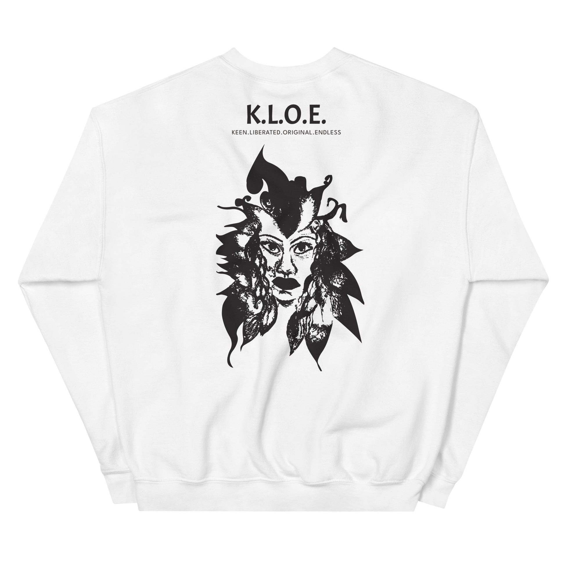 Back view of a white K.L.O.E. sweatshirt showcasing a culturally inspired, hand-drawn black design featuring a bold, expressive face intertwined with flowing, abstract patterns, and K.L.O.E. logo, embodying artistic self-expression and modern bohemian style fashion.