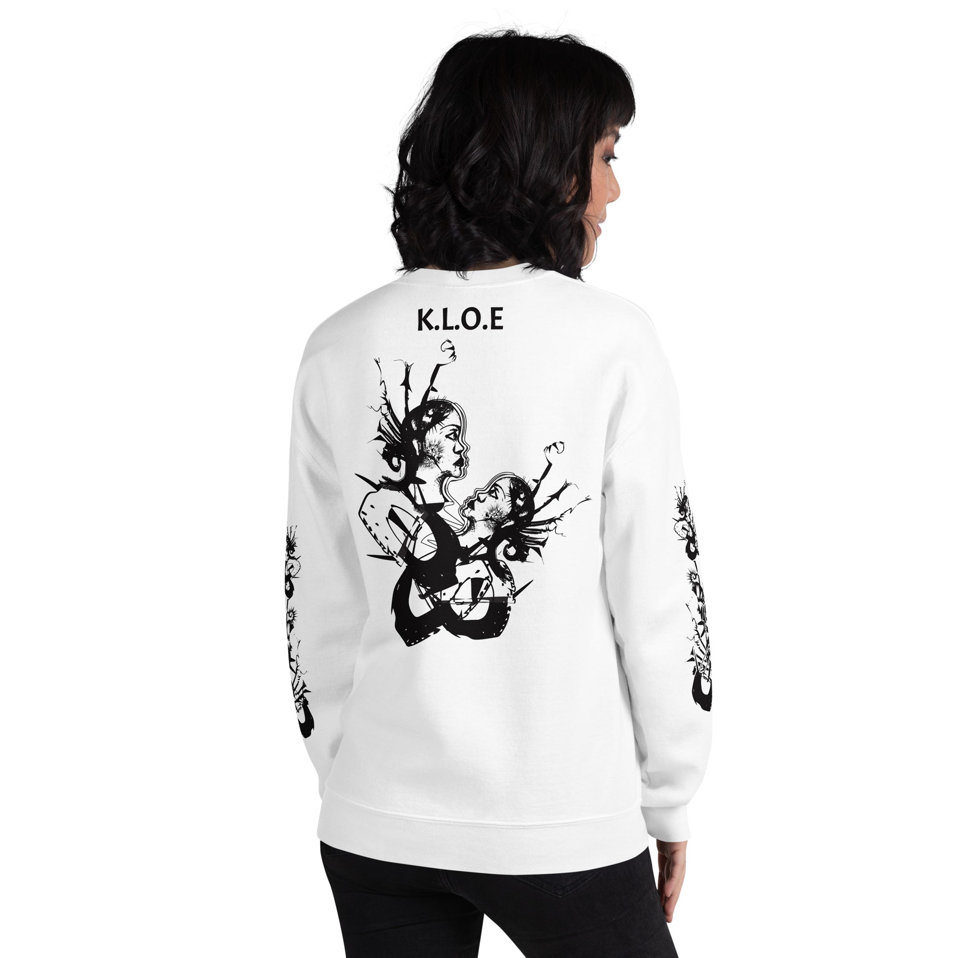 Back view of white unisex K.L.O.E. sweatshirt with black abstract hand-drawn illustration of two faces intertwined with organic shapes and cultural symbolism—expressing metamorphosis, identity, and artistic freedom.
