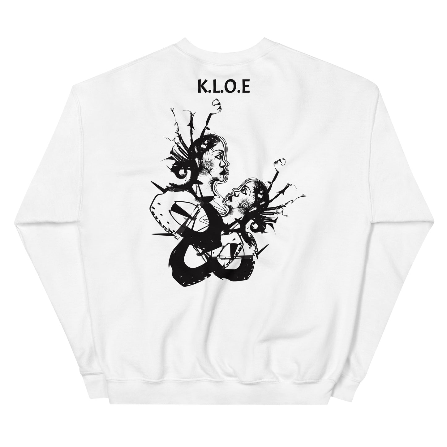 Back view of white unisex K.L.O.E. sweatshirt with black abstract hand-drawn illustration of two faces intertwined with organic shapes and cultural symbolism—expressing metamorphosis, identity, and artistic freedom.