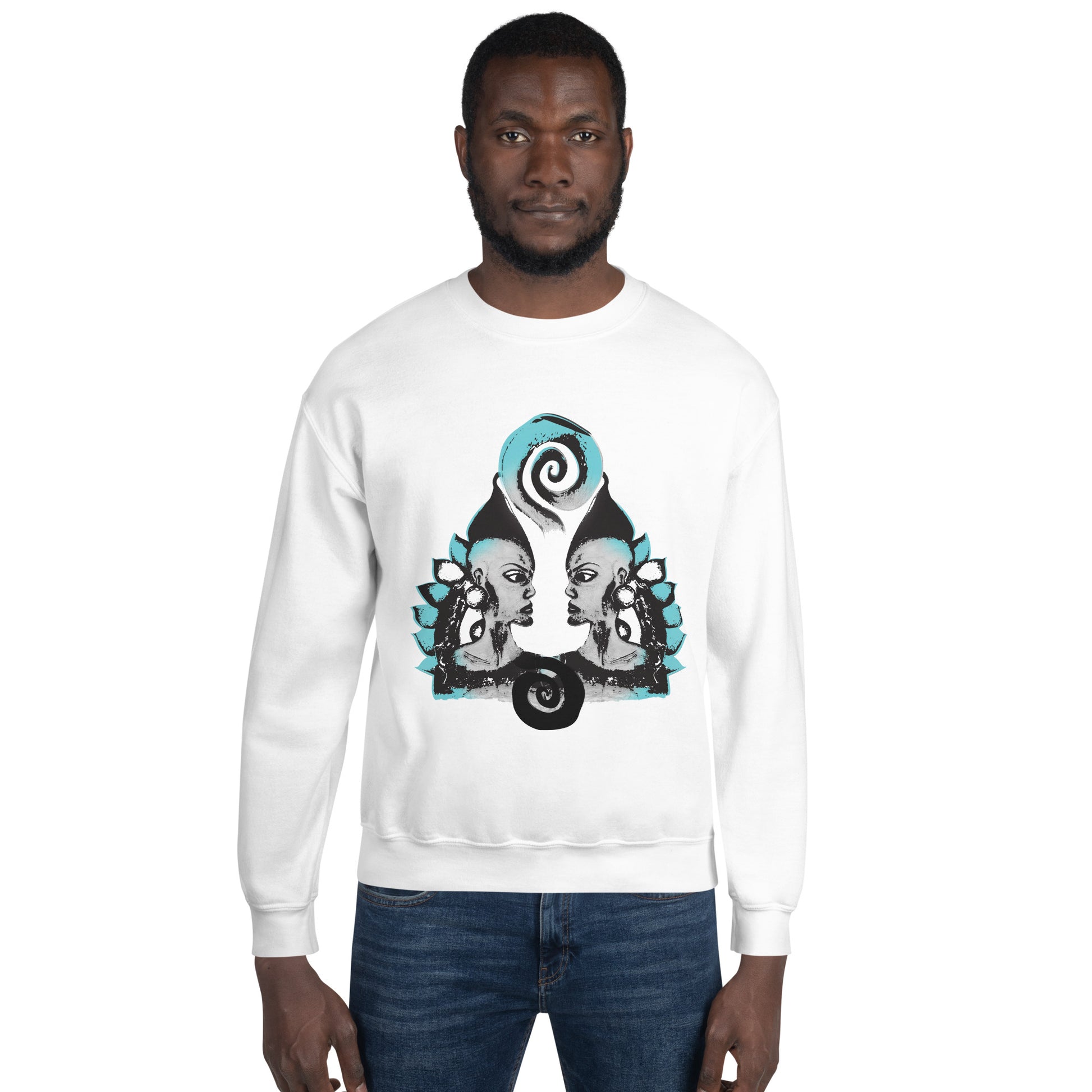 The male model wearing white K.L.O.E. sweatshirt with a culturally inspired, hand-drawn design of two mirrored faces in bold black and teal, celebrating self-expression and individuality in modern bohemian style clothing.