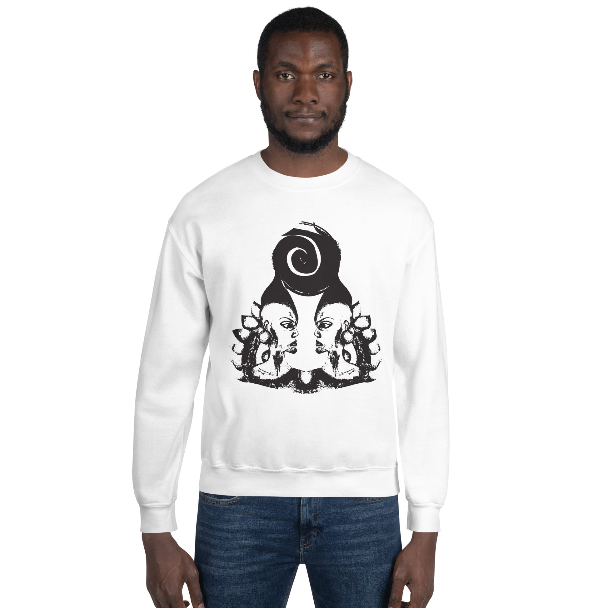 A male model wearing white K.L.O.E. sweatshirt featuring a culturally inspired, hand-drawn design of two mirrored faces in bold black, showcasing unique artistry and self-expression in modern bohemian style clothing.