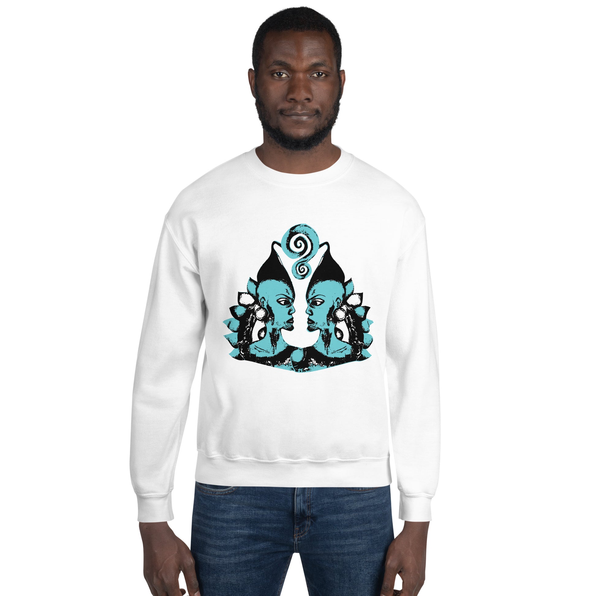 A male model wearing the white K.L.O.E. sweatshirt featuring a hand-drawn design of two mirrored faces in bold black and teal, showcasing cultural inspiration, individuality, and modern bohemian style self-expression.