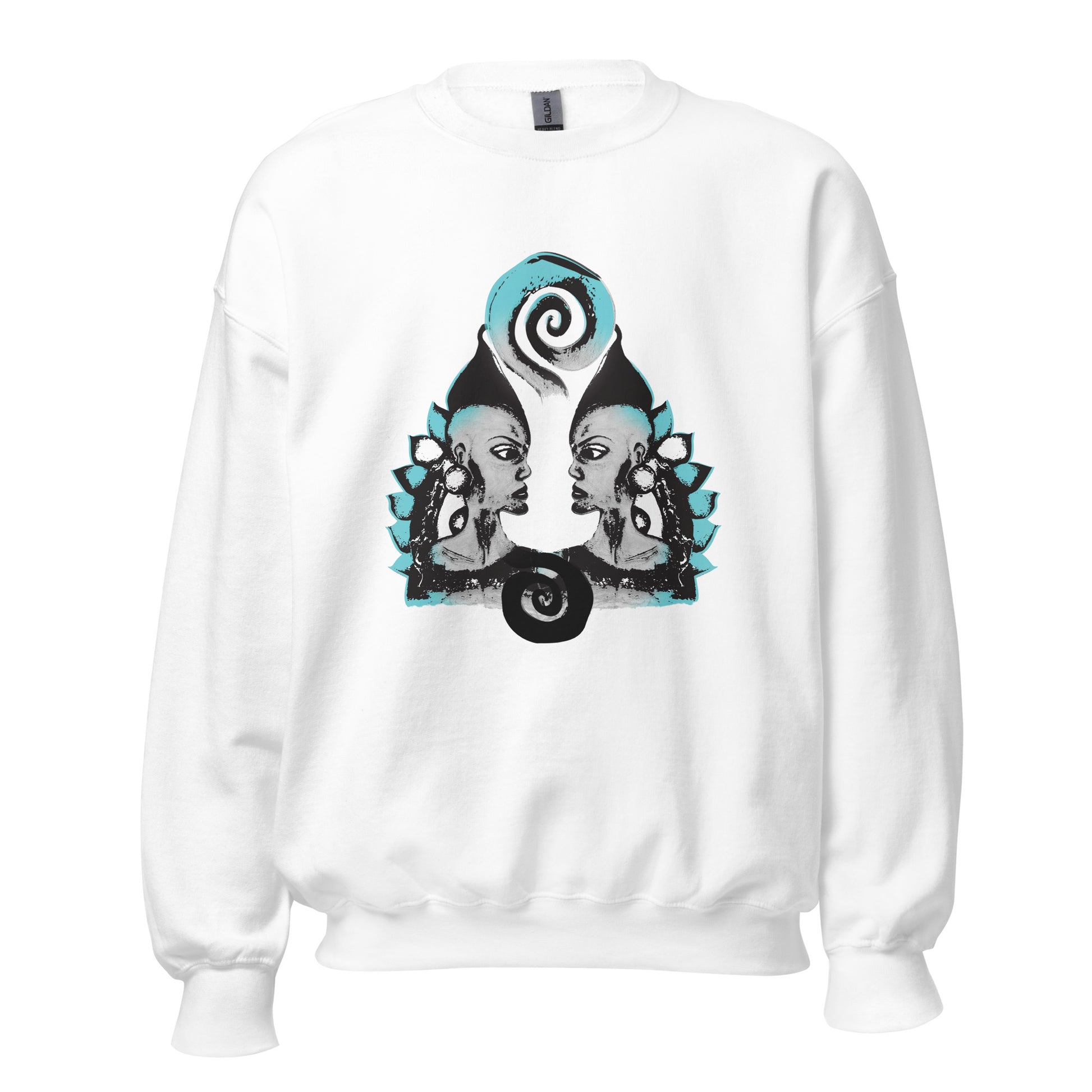 White K.L.O.E. sweatshirt with a culturally inspired, hand-drawn design of two mirrored faces in bold black and teal, celebrating self-expression and individuality in modern bohemian style clothing.