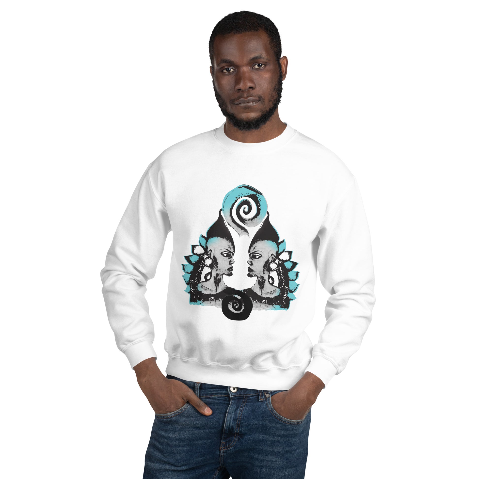 The male model wearing white K.L.O.E. sweatshirt with a culturally inspired, hand-drawn design of two mirrored faces in bold black and teal, celebrating self-expression and individuality in modern bohemian style clothing.