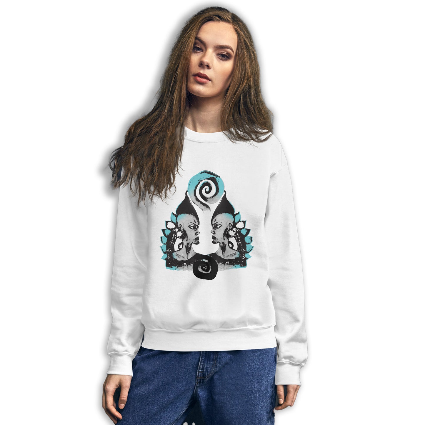 The model wearing white K.L.O.E. sweatshirt with a culturally inspired, hand-drawn design of two mirrored faces in bold black and teal, celebrating self-expression and individuality in modern bohemian style clothing.