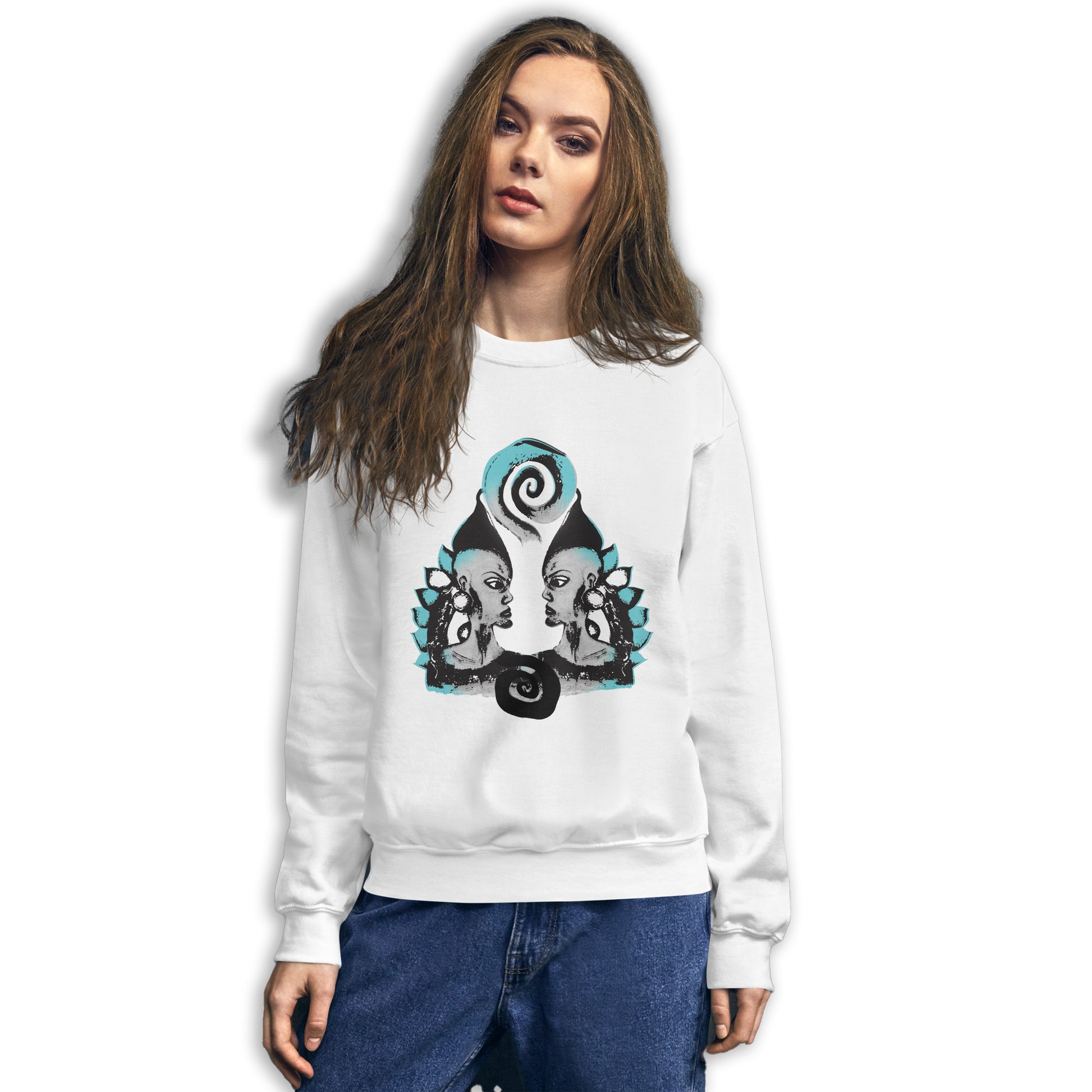 The model wearing white K.L.O.E. sweatshirt with a culturally inspired, hand-drawn design of two mirrored faces in bold black and teal, celebrating self-expression and individuality in modern bohemian style clothing.