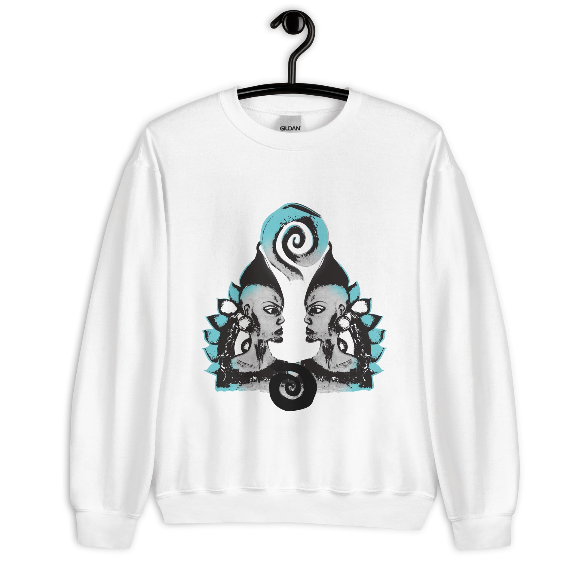 White K.L.O.E. sweatshirt with a culturally inspired, hand-drawn design of two mirrored faces in bold black and teal, celebrating self-expression and individuality in modern bohemian style clothing.