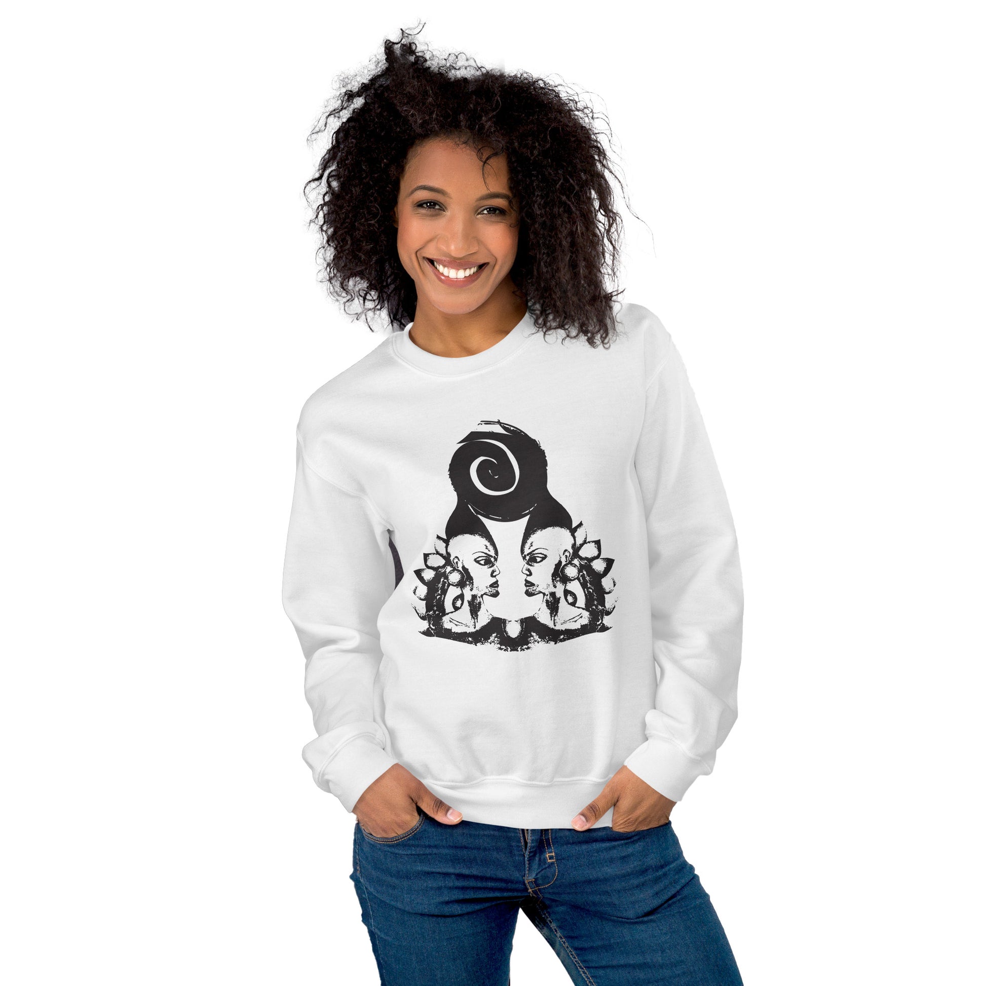 A model wearing white K.L.O.E. sweatshirt featuring a culturally inspired, hand-drawn design of two mirrored faces in bold black, showcasing unique artistry and self-expression in modern bohemian style clothing.