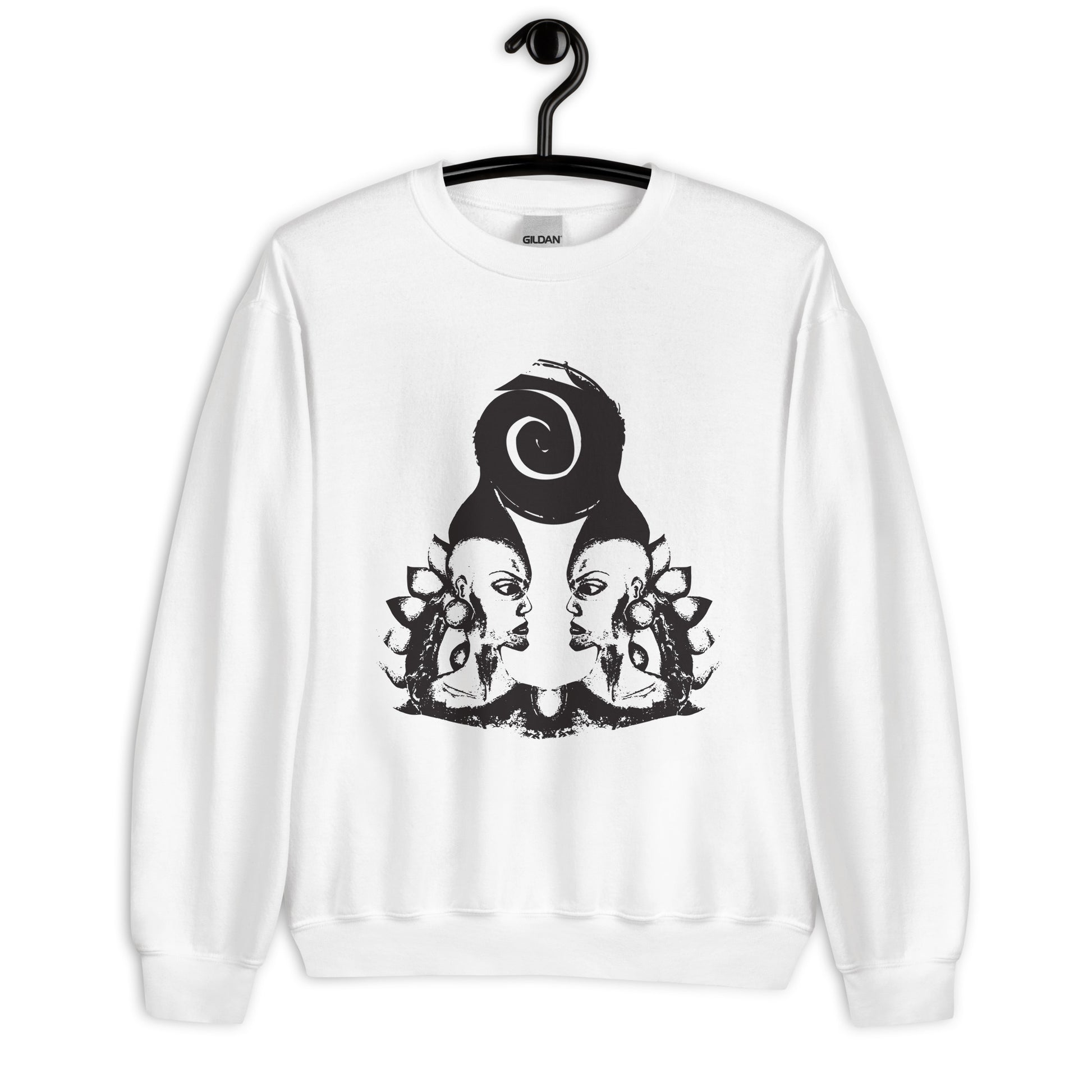 White K.L.O.E. sweatshirt featuring a culturally inspired, hand-drawn design of two mirrored faces in bold black, showcasing unique artistry and self-expression in modern bohemian style clothing.