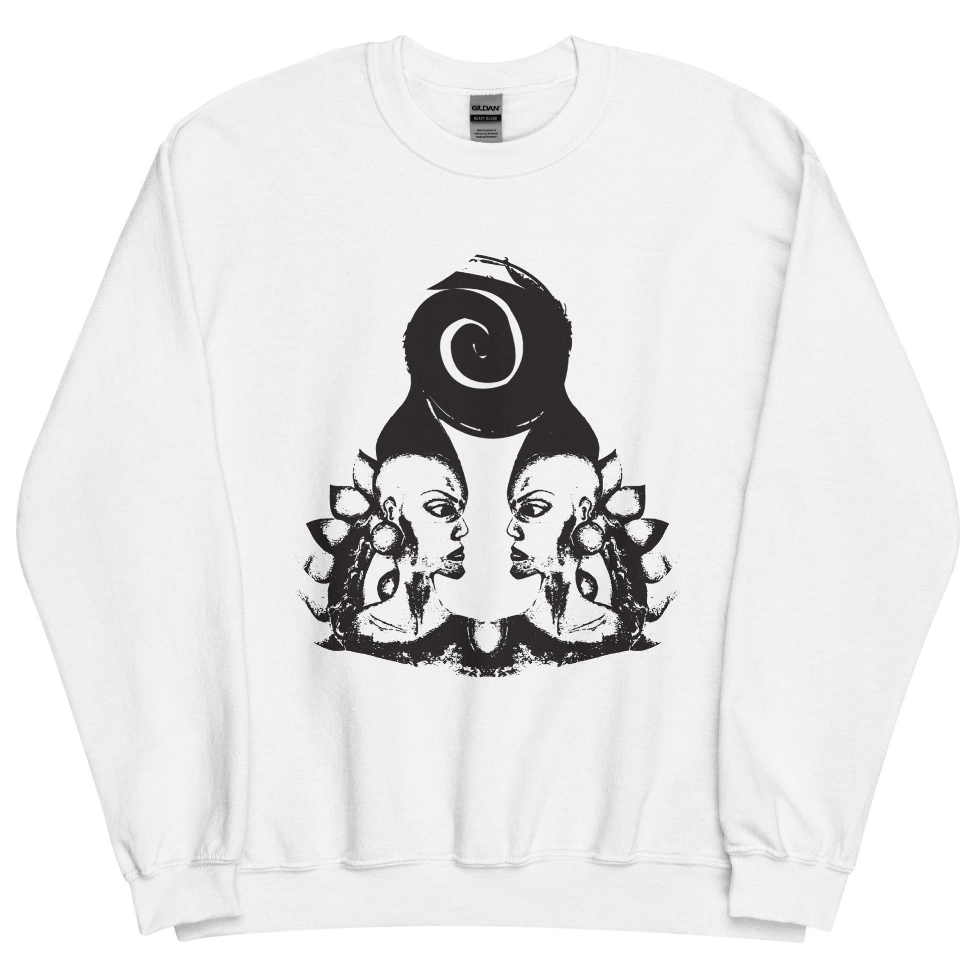 White K.L.O.E. sweatshirt featuring a culturally inspired, hand-drawn design of two mirrored faces in bold black, showcasing unique artistry and self-expression in modern bohemian style clothing.