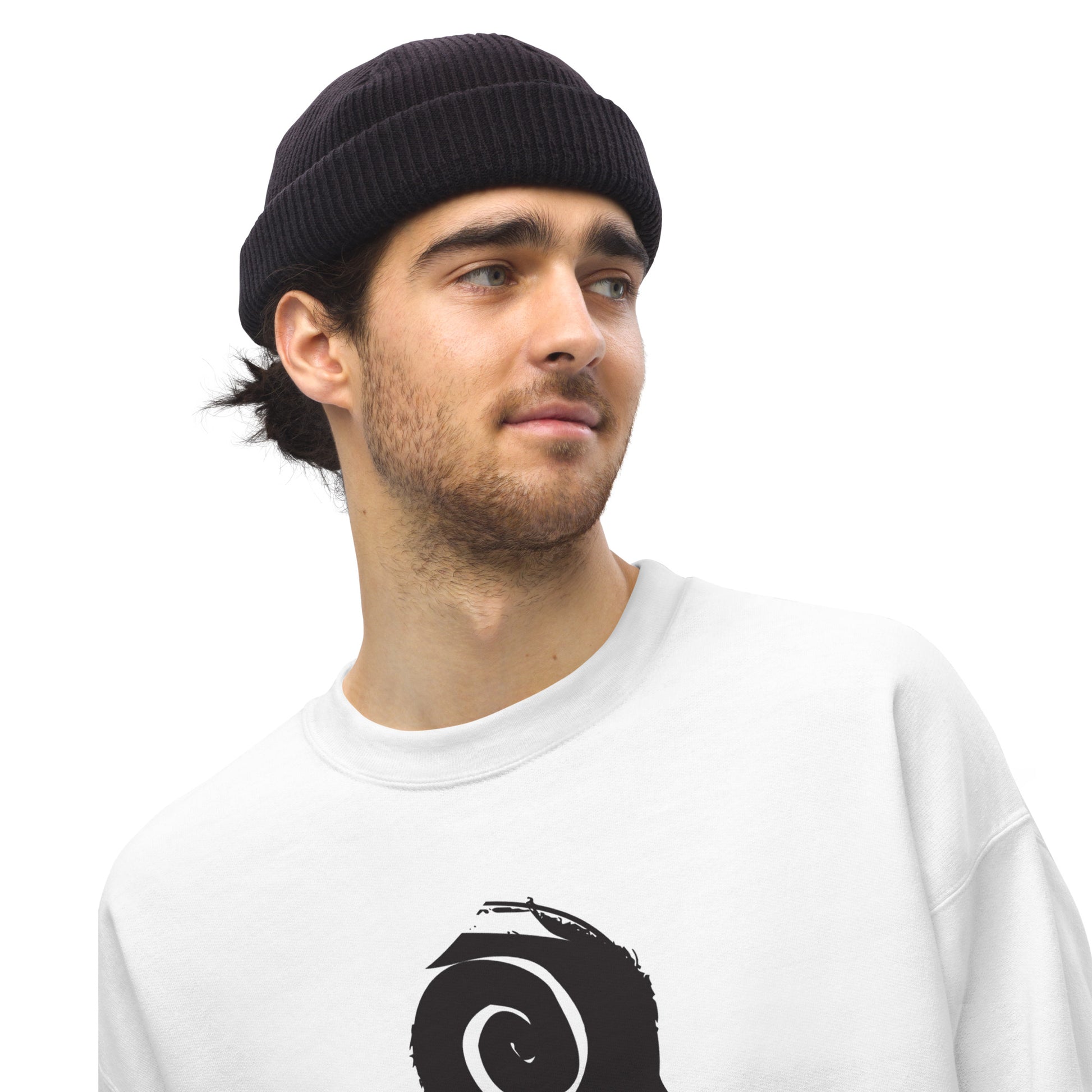 Zoomed view of white K.L.O.E. sweatshirt showcasing a bold, hand-drawn black spiral design symbolising creativity and individuality, with the K.L.O.E. logo above, reflecting modern bohemian style and artistic self-expression, worn by a male model.