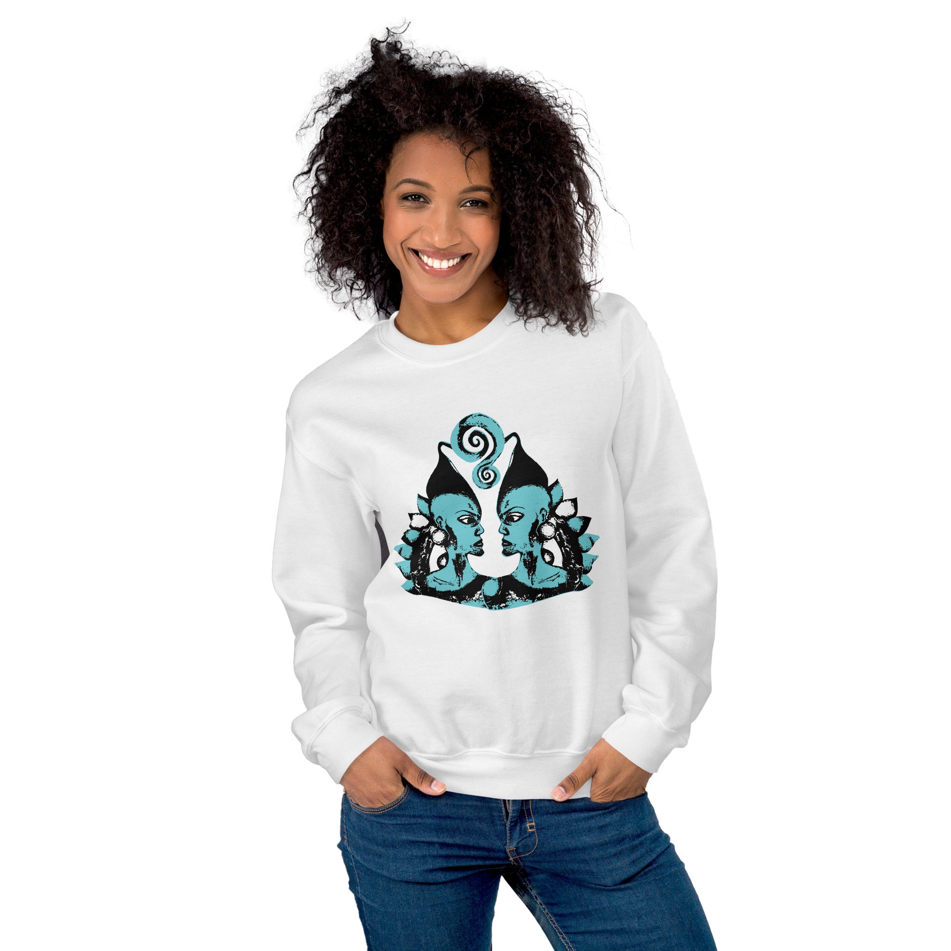 A model wearing the white K.L.O.E. sweatshirt featuring a hand-drawn design of two mirrored faces in bold black and teal, showcasing cultural inspiration, individuality, and modern bohemian style self-expression.