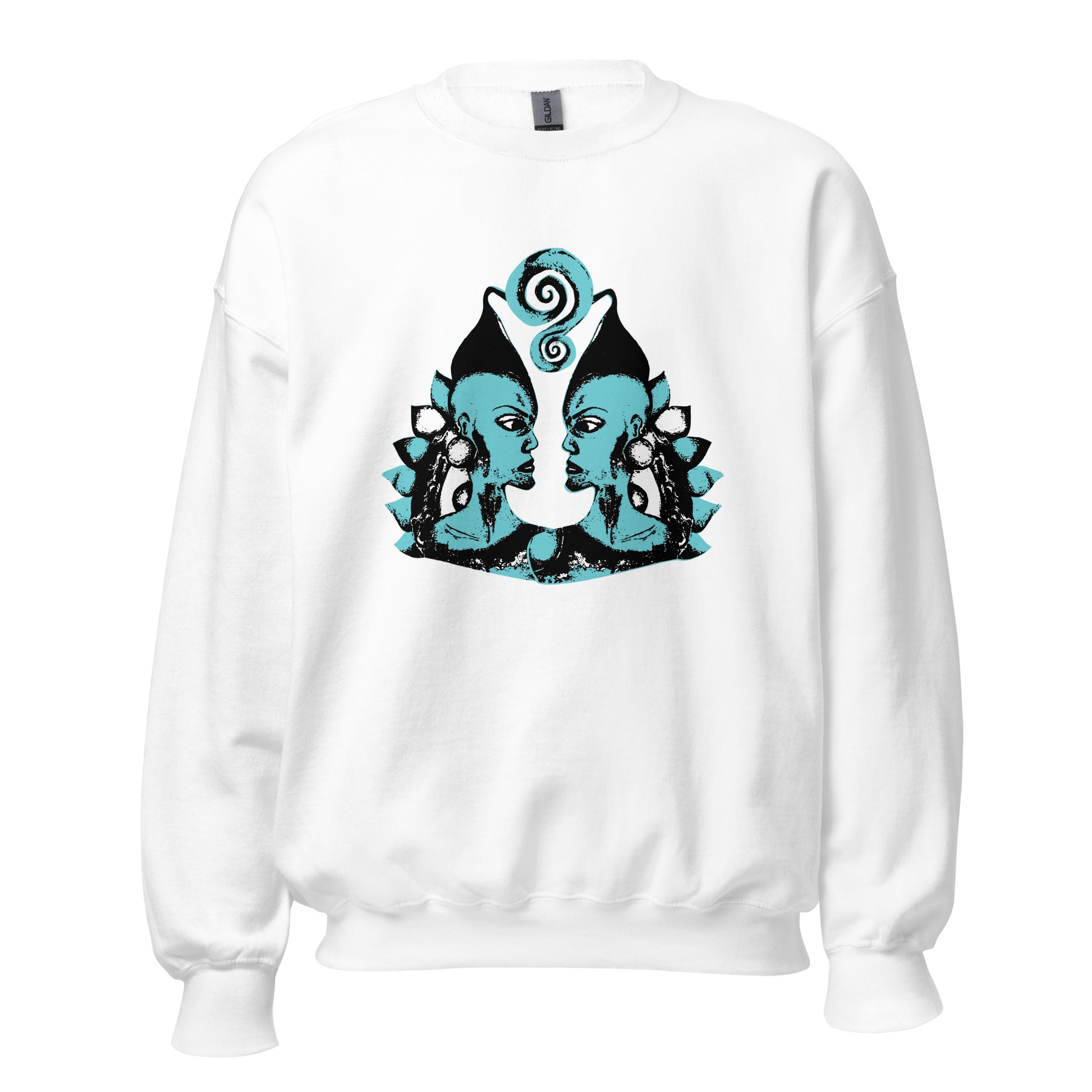 White K.L.O.E. sweatshirt featuring a hand-drawn design of two mirrored faces in bold black and teal, showcasing cultural inspiration, individuality, and modern bohemian style self-expression.