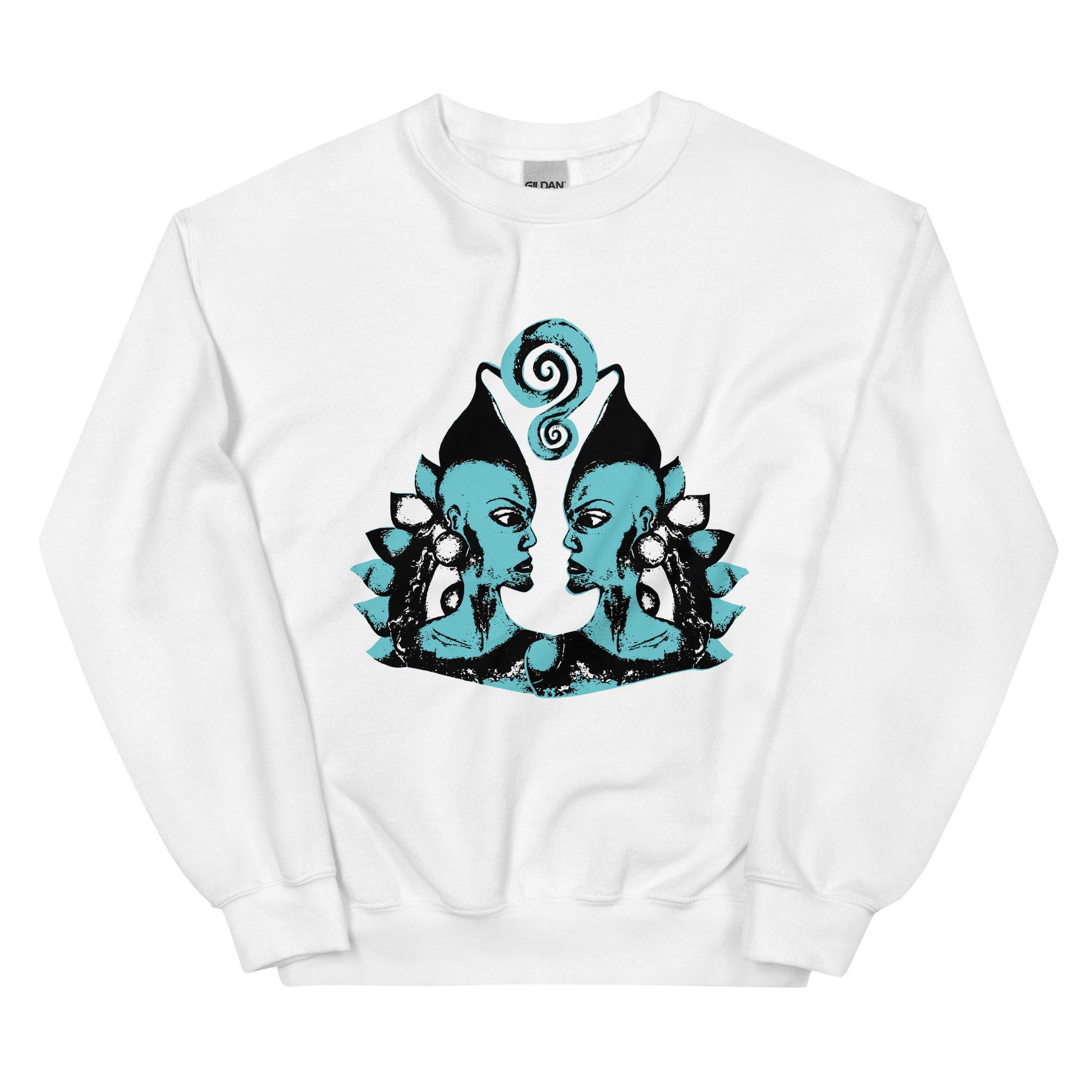 White K.L.O.E. sweatshirt featuring a hand-drawn design of two mirrored faces in bold black and teal, showcasing cultural inspiration, individuality, and modern bohemian style self-expression.