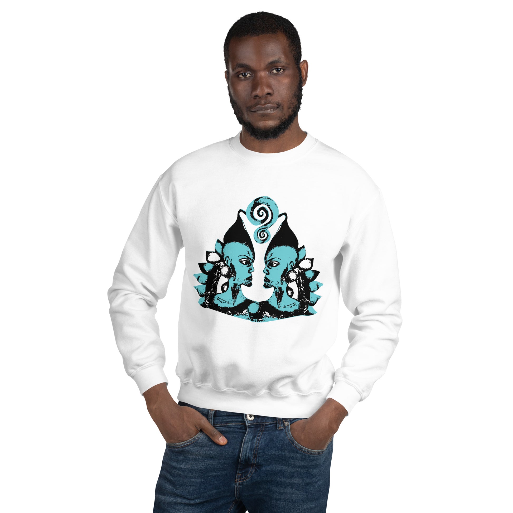 A male model wearing the white K.L.O.E. sweatshirt featuring a hand-drawn design of two mirrored faces in bold black and teal, showcasing cultural inspiration, individuality, and modern bohemian style self-expression.