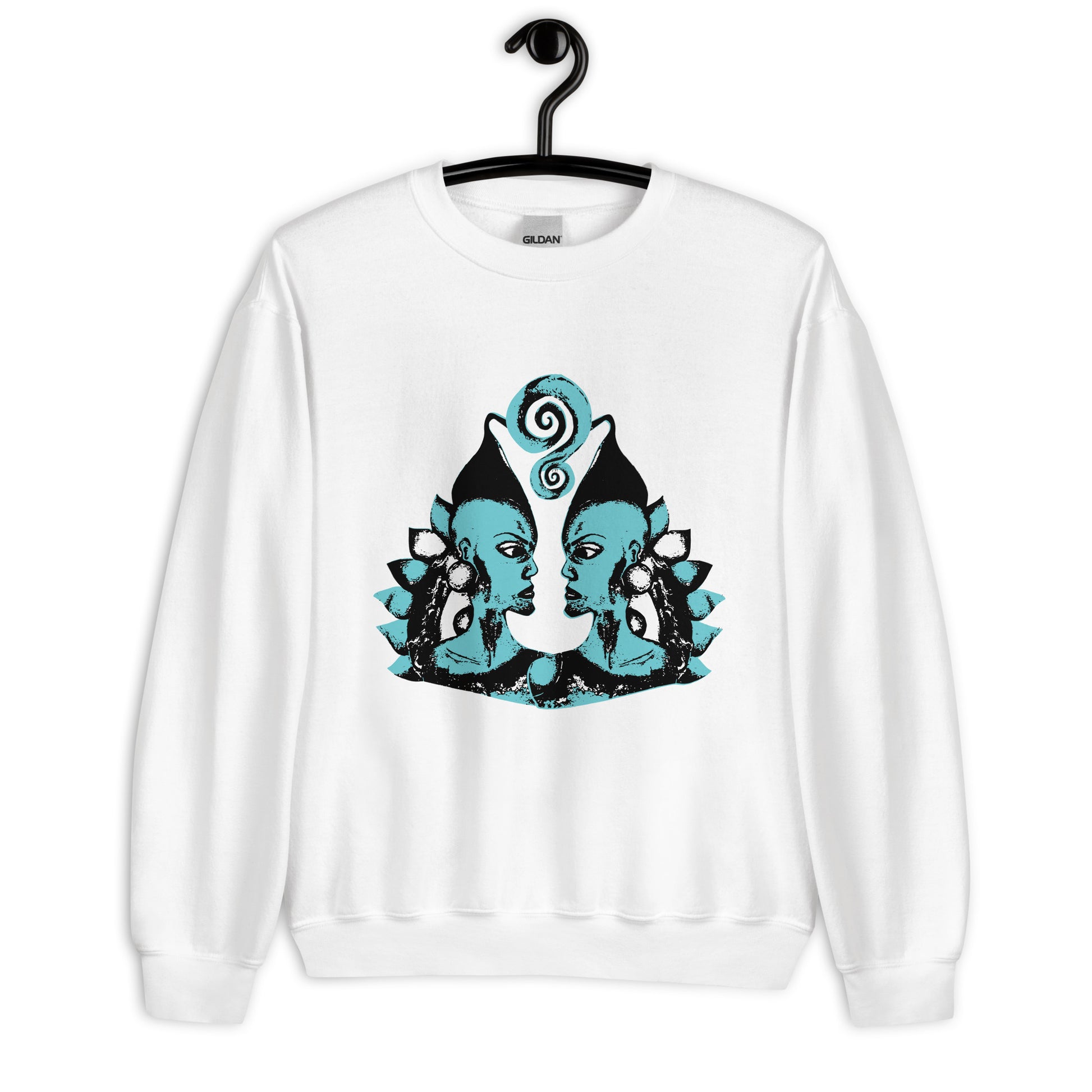 White K.L.O.E. sweatshirt featuring a hand-drawn design of two mirrored faces in bold black and teal, showcasing cultural inspiration, individuality, and modern bohemian style self-expression.