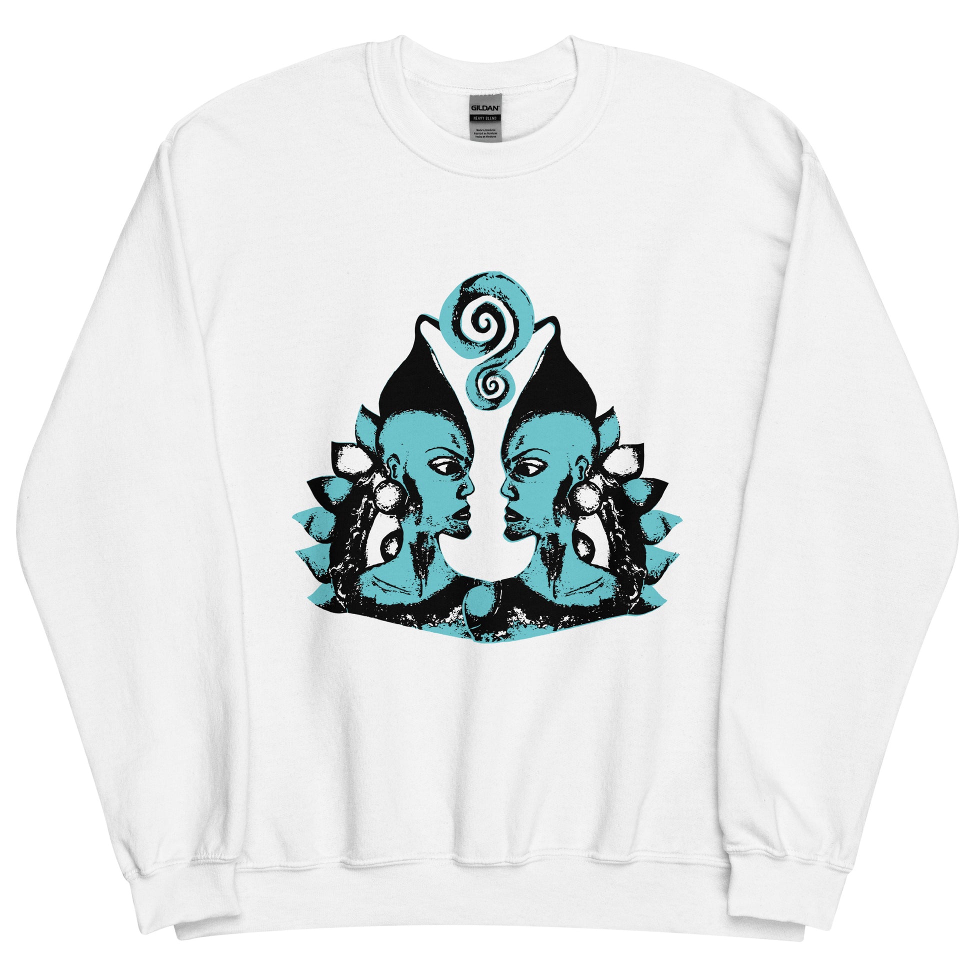 White K.L.O.E. sweatshirt featuring a hand-drawn design of two mirrored faces in bold black and teal, showcasing cultural inspiration, individuality, and modern bohemian style self-expression.