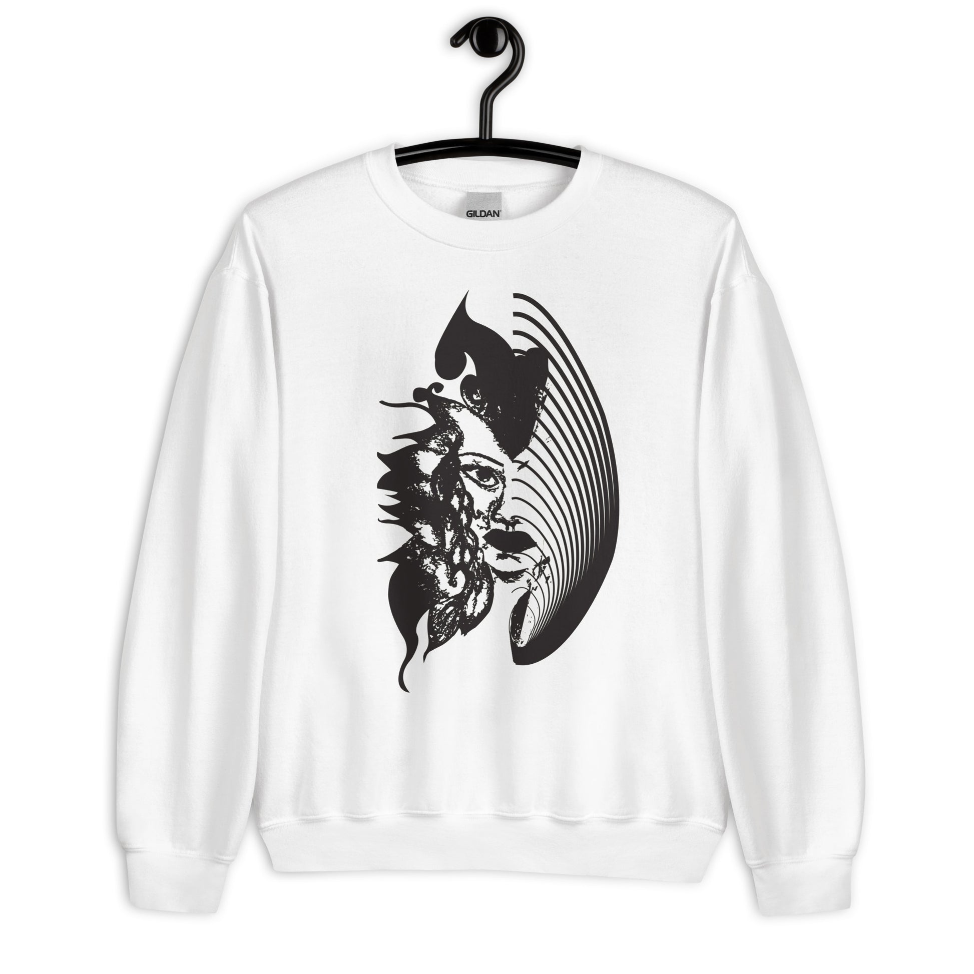 White K.L.O.E. sweatshirt featuring a culturally inspired, hand-drawn black graphic of a bold, expressive face surrounded by intricate details, celebrating individuality and artistic self-expression in modern bohemian style fashion.
