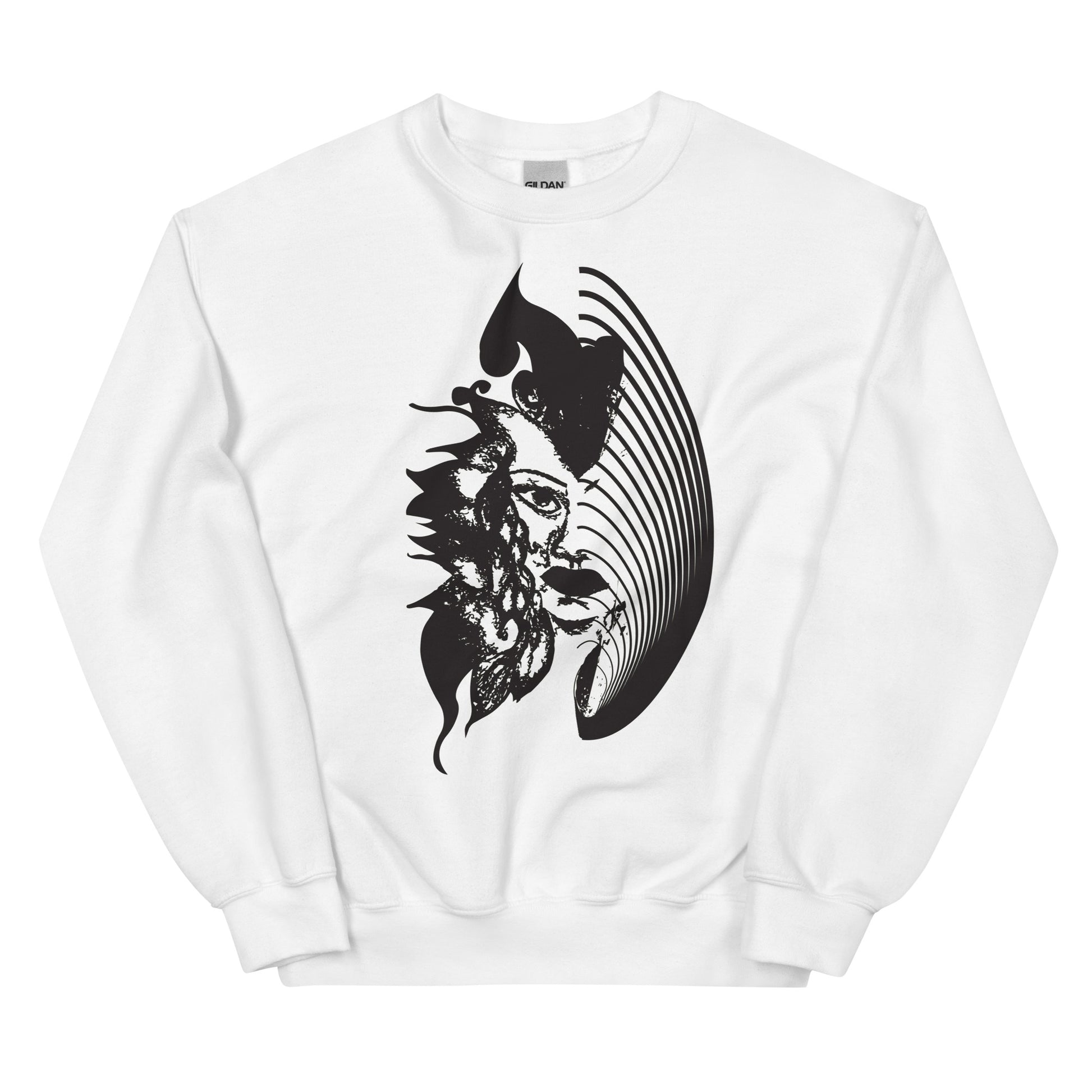 White K.L.O.E. sweatshirt featuring a culturally inspired, hand-drawn black graphic of a bold, expressive face surrounded by intricate details, celebrating individuality and artistic self-expression in modern bohemian style fashion.