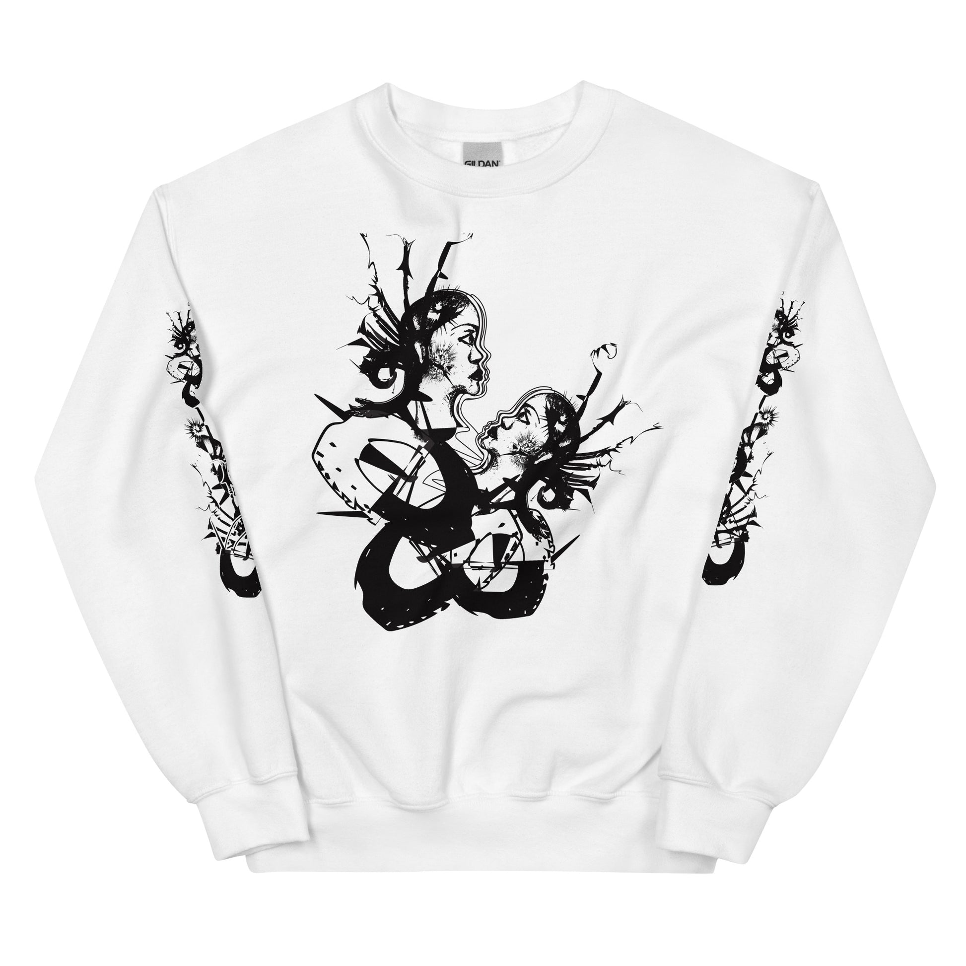Front view of white unisex K.L.O.E. sweatshirt with black abstract hand-drawn illustration of two faces intertwined with organic shapes and cultural symbolism—expressing metamorphosis, identity, and artistic freedom.