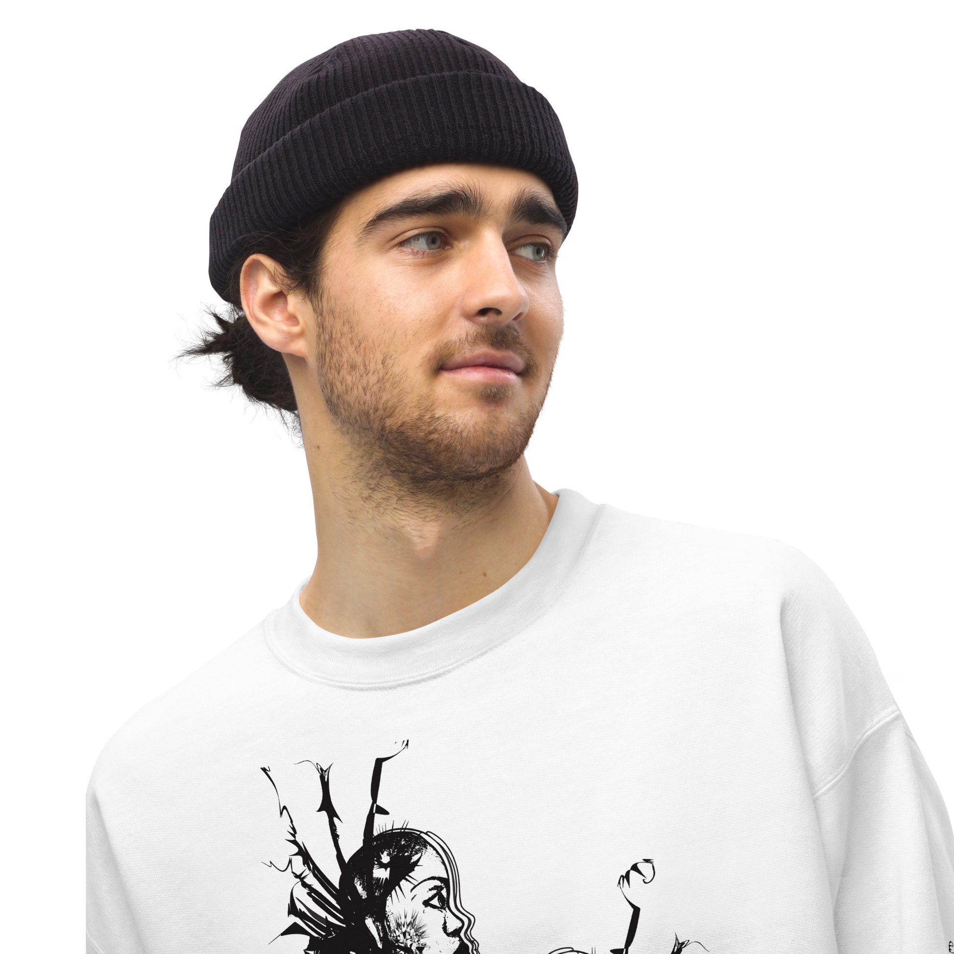 Zoomed in view of white unisex K.L.O.E. sweatshirt with black abstract hand-drawn illustration of two faces intertwined with organic shapes and cultural symbolism—expressing metamorphosis, identity, and artistic freedom.
