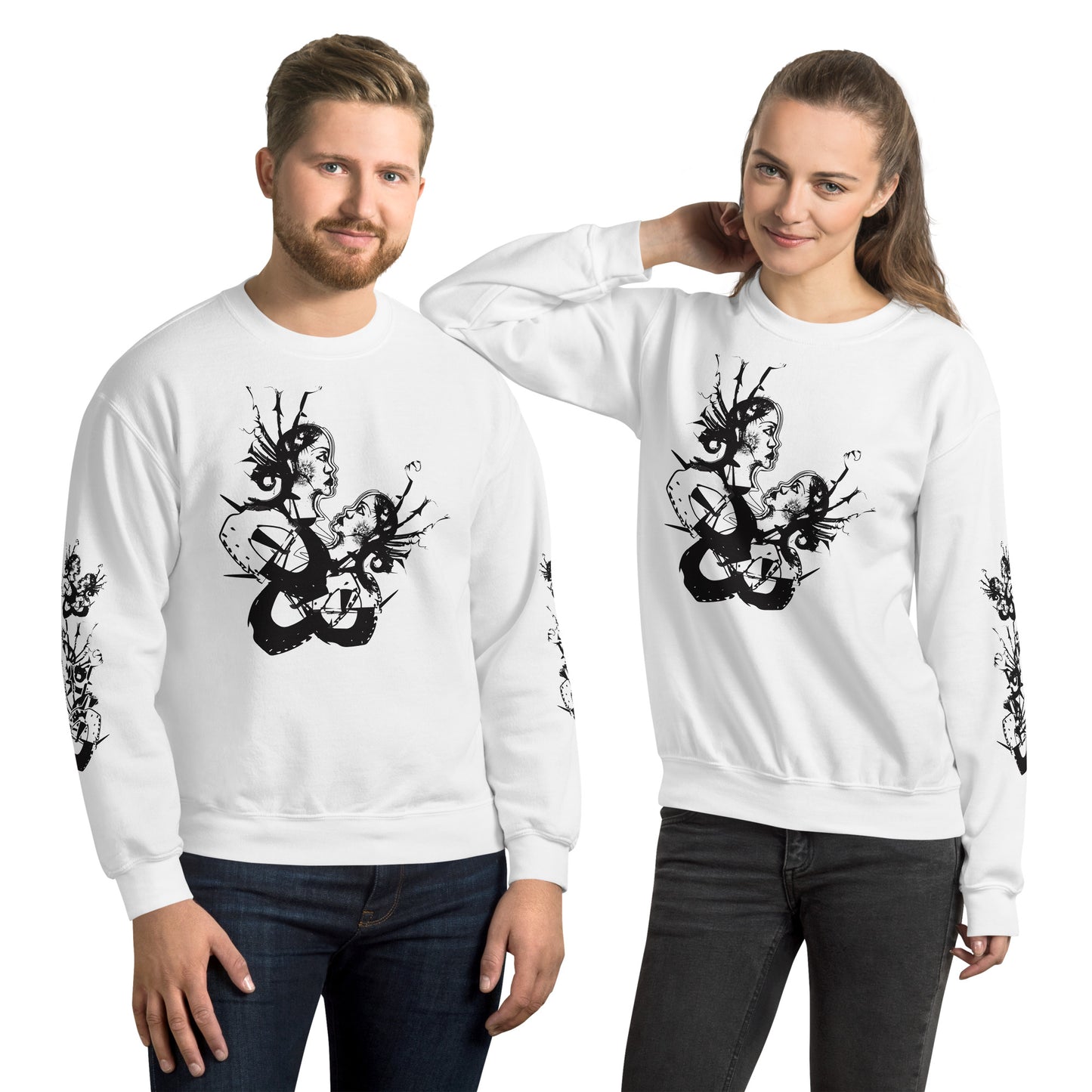 Front view of white unisex K.L.O.E. sweatshirt with black abstract hand-drawn illustration of two faces intertwined with organic shapes and cultural symbolism—expressing metamorphosis, identity, and artistic freedom.