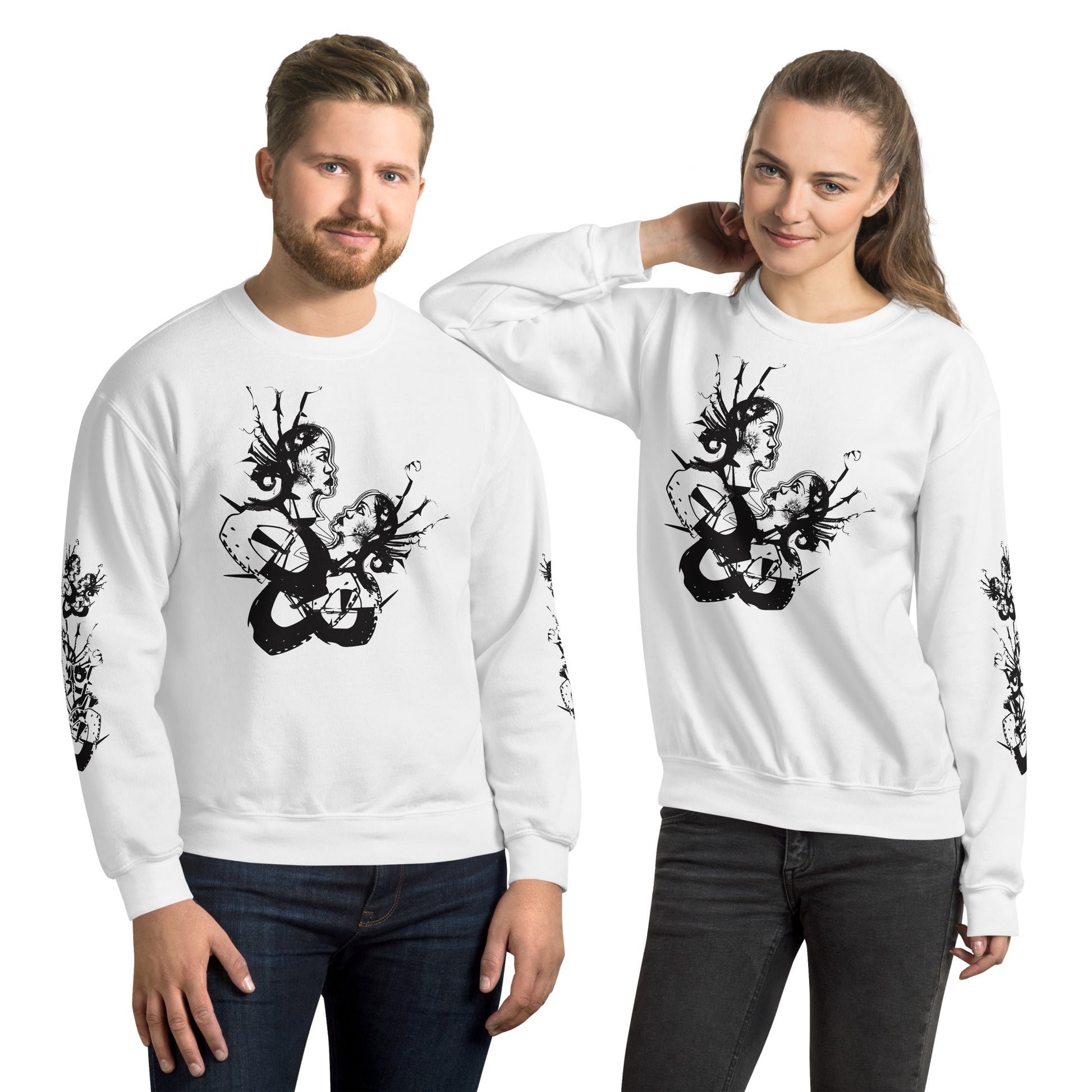 Front view of white unisex K.L.O.E. sweatshirt with black abstract hand-drawn illustration of two faces intertwined with organic shapes and cultural symbolism—expressing metamorphosis, identity, and artistic freedom.