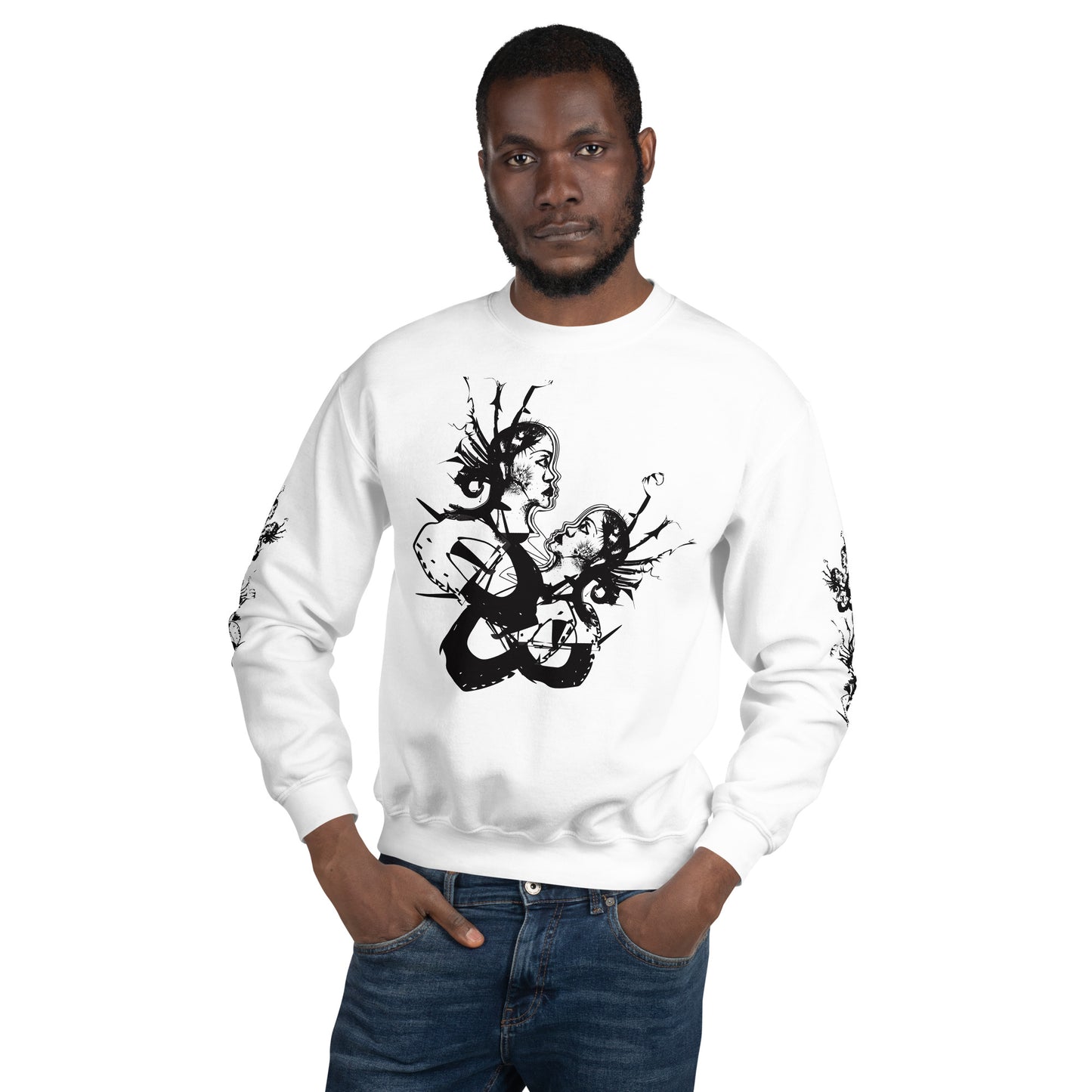 Front view of white unisex K.L.O.E. sweatshirt with black abstract hand-drawn illustration of two faces intertwined with organic shapes and cultural symbolism—expressing metamorphosis, identity, and artistic freedom.
