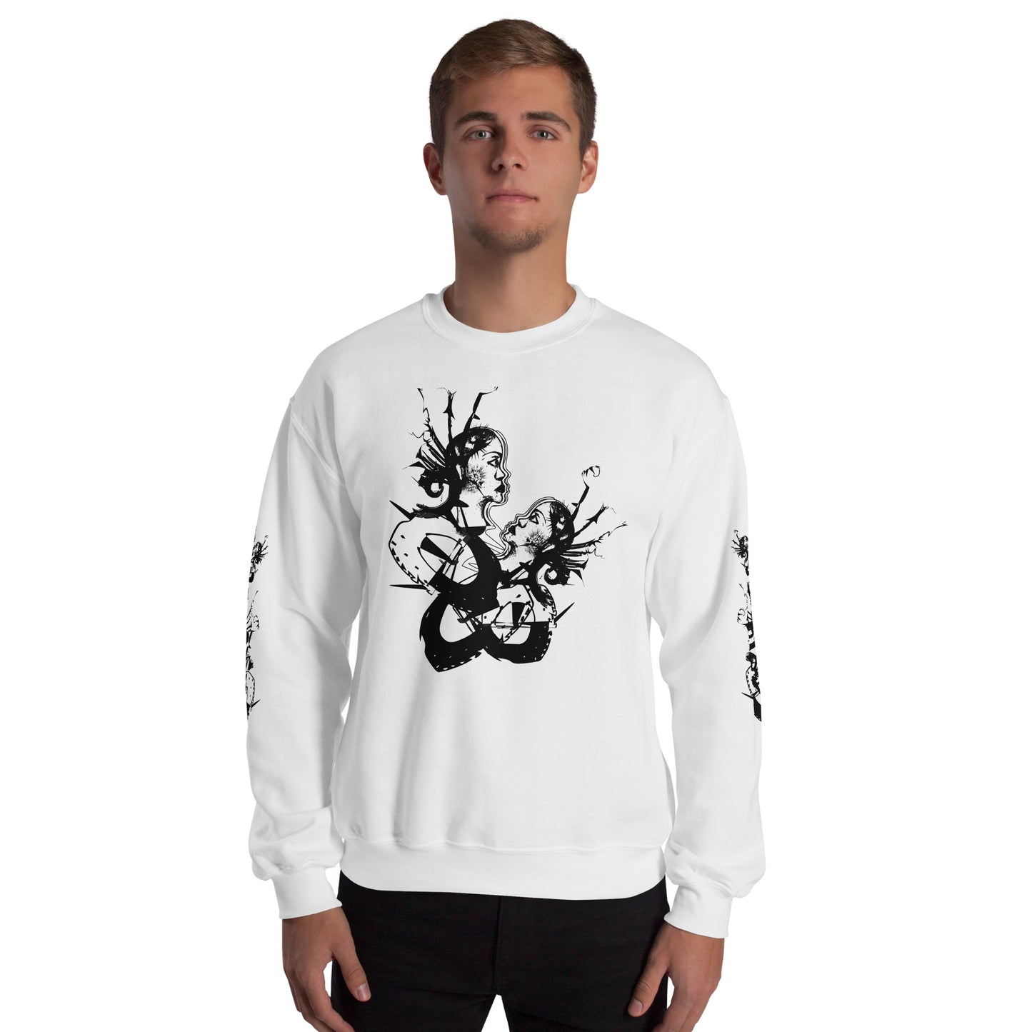 Front view of white unisex K.L.O.E. sweatshirt with black abstract hand-drawn illustration of two faces intertwined with organic shapes and cultural symbolism—expressing metamorphosis, identity, and artistic freedom.