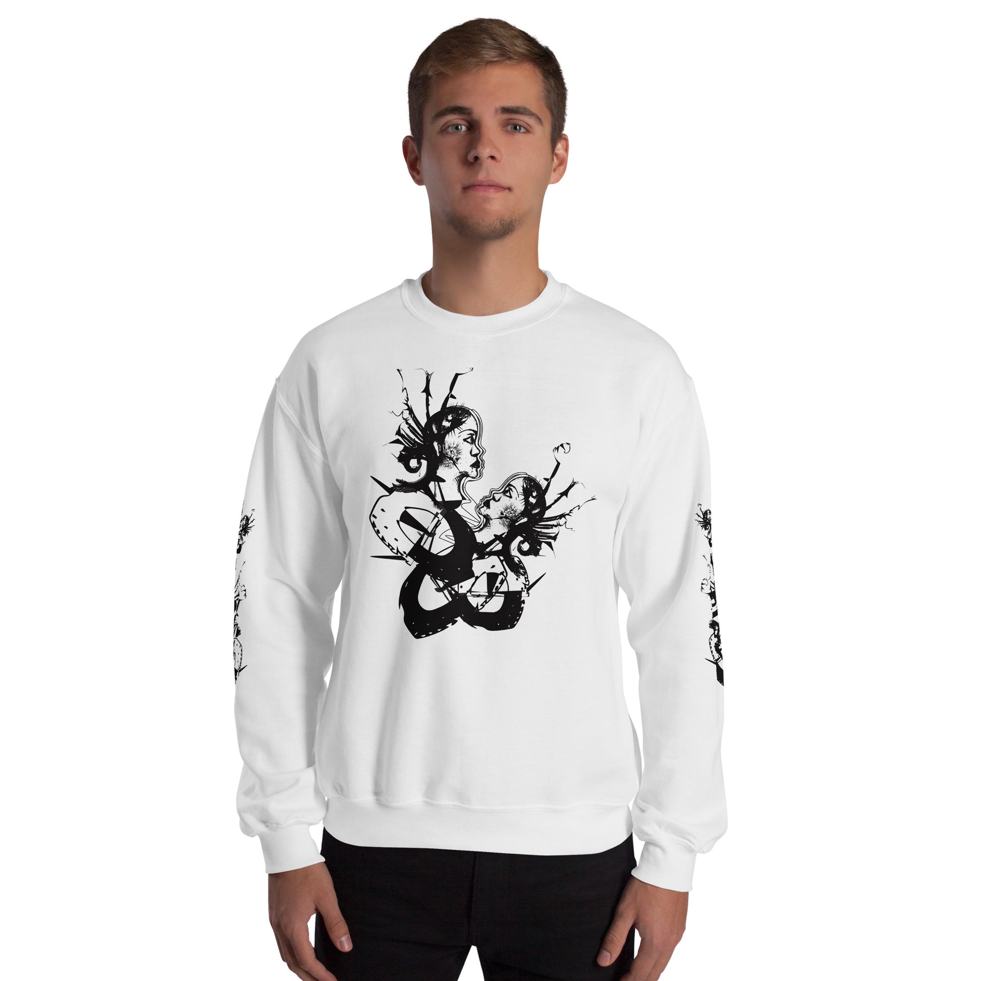 Front view of white unisex K.L.O.E. sweatshirt with black abstract hand-drawn illustration of two faces intertwined with organic shapes and cultural symbolism—expressing metamorphosis, identity, and artistic freedom.