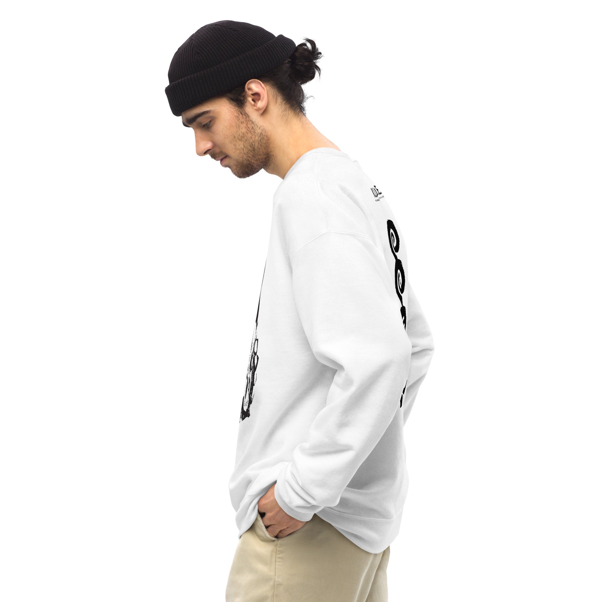 Side view of white K.L.O.E. sweatshirt showcasing a bold, hand-drawn black spiral design symbolising creativity and individuality, with the K.L.O.E. logo above, reflecting modern bohemian style and artistic self-expression, worn by a male model.