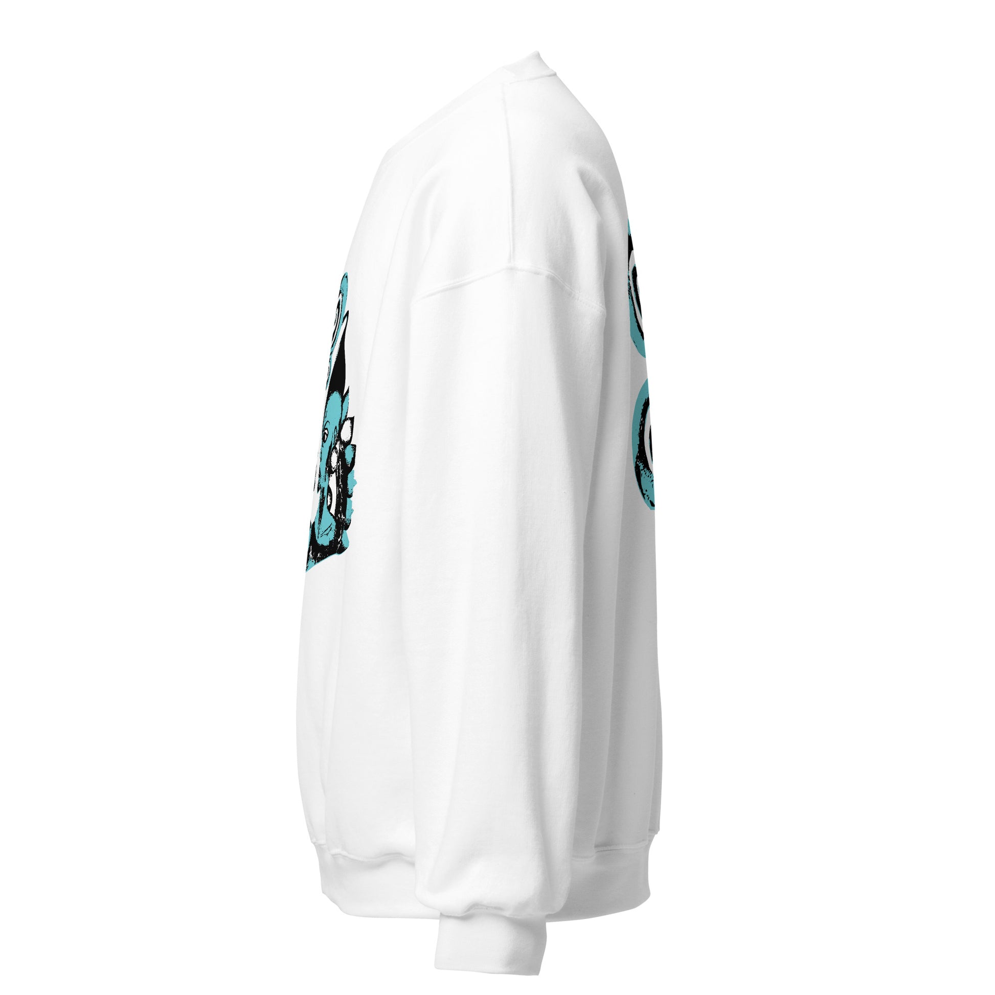 Side view of the white K.L.O.E. sweatshirt featuring a hand-drawn design of two mirrored faces in bold black and teal, showcasing cultural inspiration, individuality, and modern bohemian style self-expression.