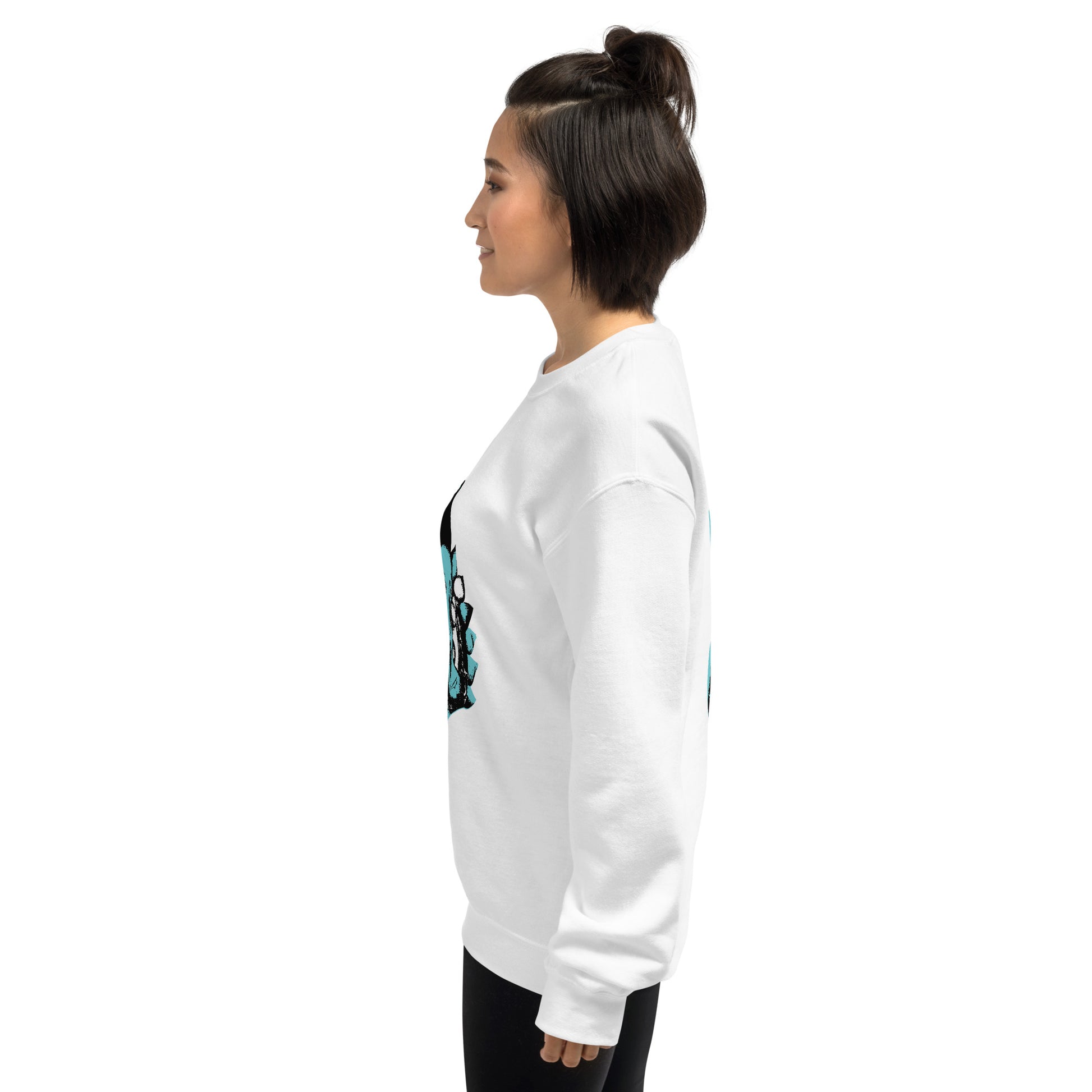 A model wearing the white K.L.O.E. sweatshirt featuring a hand-drawn design of two mirrored faces in bold black and teal, showcasing cultural inspiration, individuality, and modern bohemian style self-expression.