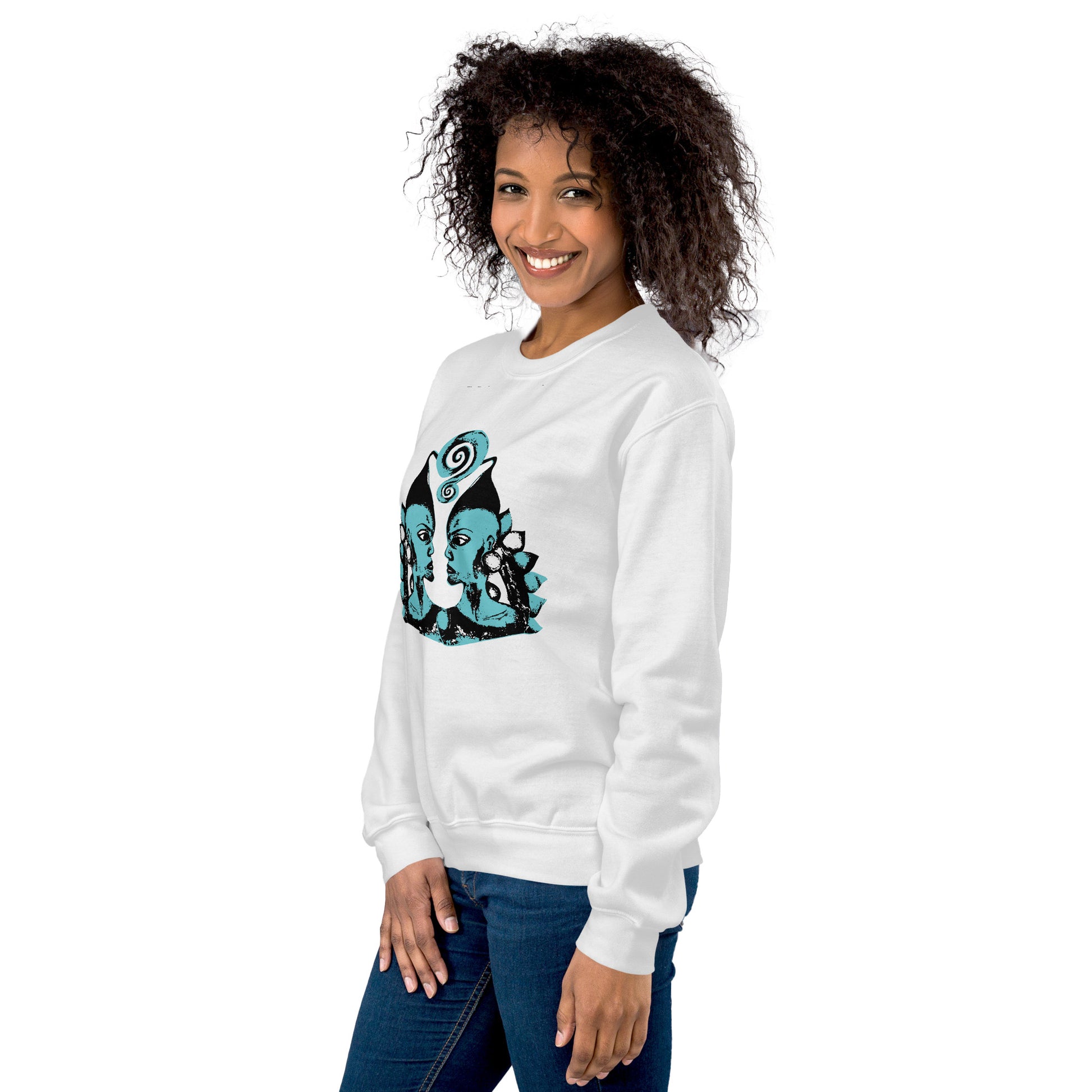 A model wearing the white K.L.O.E. sweatshirt featuring a hand-drawn design of two mirrored faces in bold black and teal, showcasing cultural inspiration, individuality, and modern bohemian style self-expression.