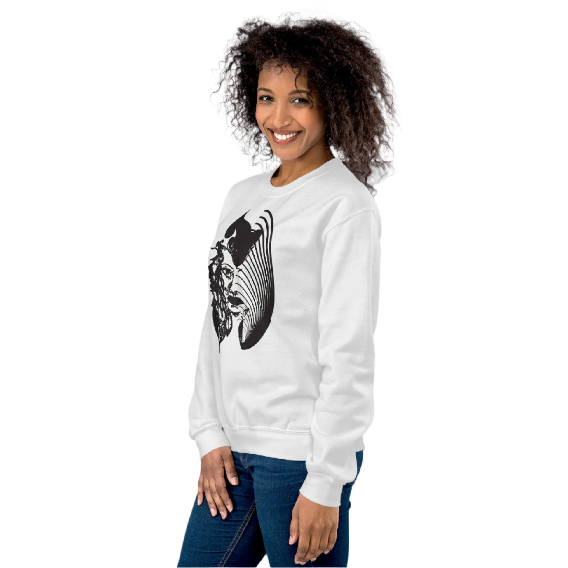 A model wearing white K.L.O.E. sweatshirt featuring a culturally inspired, hand-drawn black graphic of a bold, expressive face surrounded by intricate details, celebrating individuality and artistic self-expression in modern bohemian style fashion.