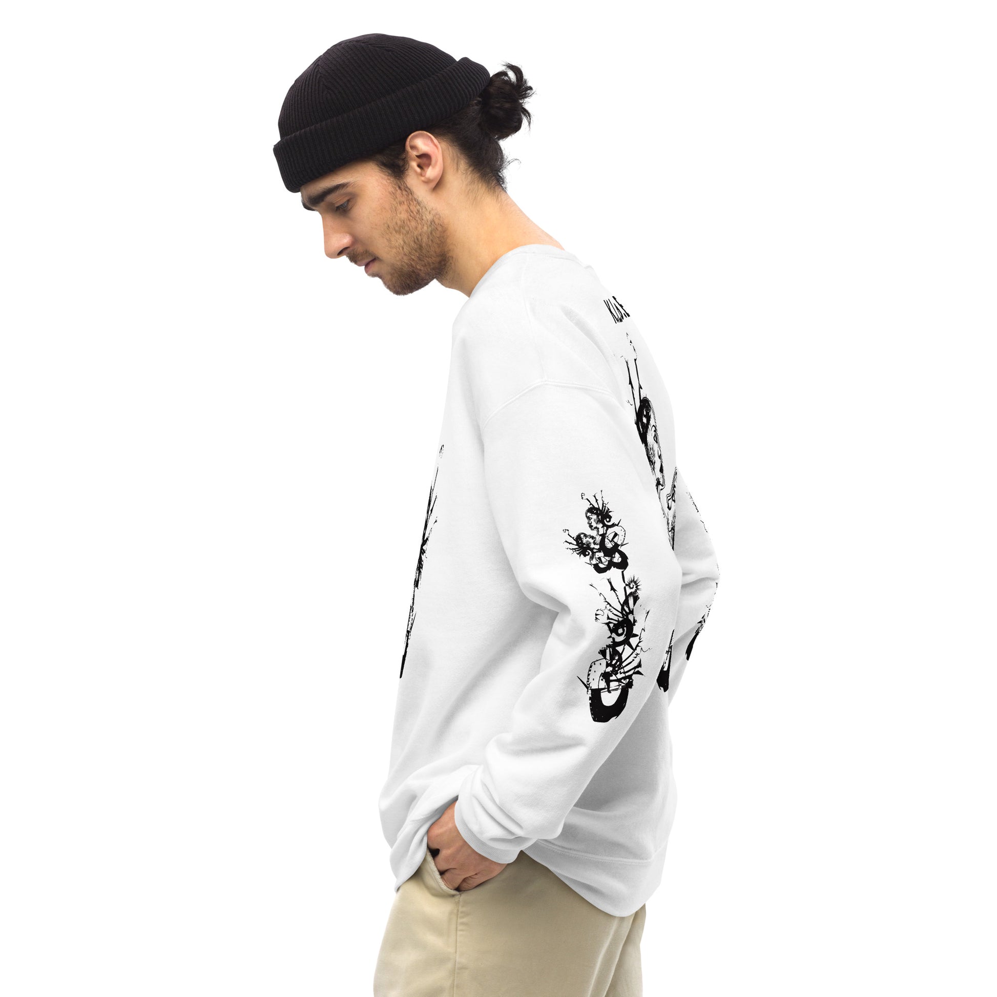 Side view of white unisex K.L.O.E. sweatshirt with black abstract hand-drawn illustration of two faces intertwined with organic shapes and cultural symbolism—expressing metamorphosis, identity, and artistic freedom.