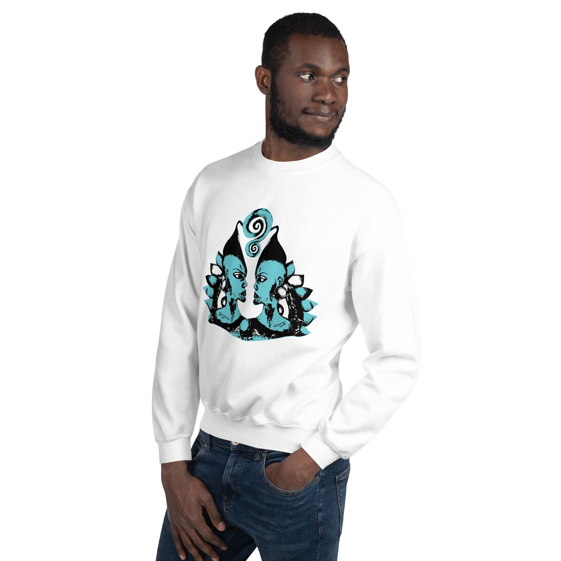A male model wearing the white K.L.O.E. sweatshirt featuring a hand-drawn design of two mirrored faces in bold black and teal, showcasing cultural inspiration, individuality, and modern bohemian style self-expression.