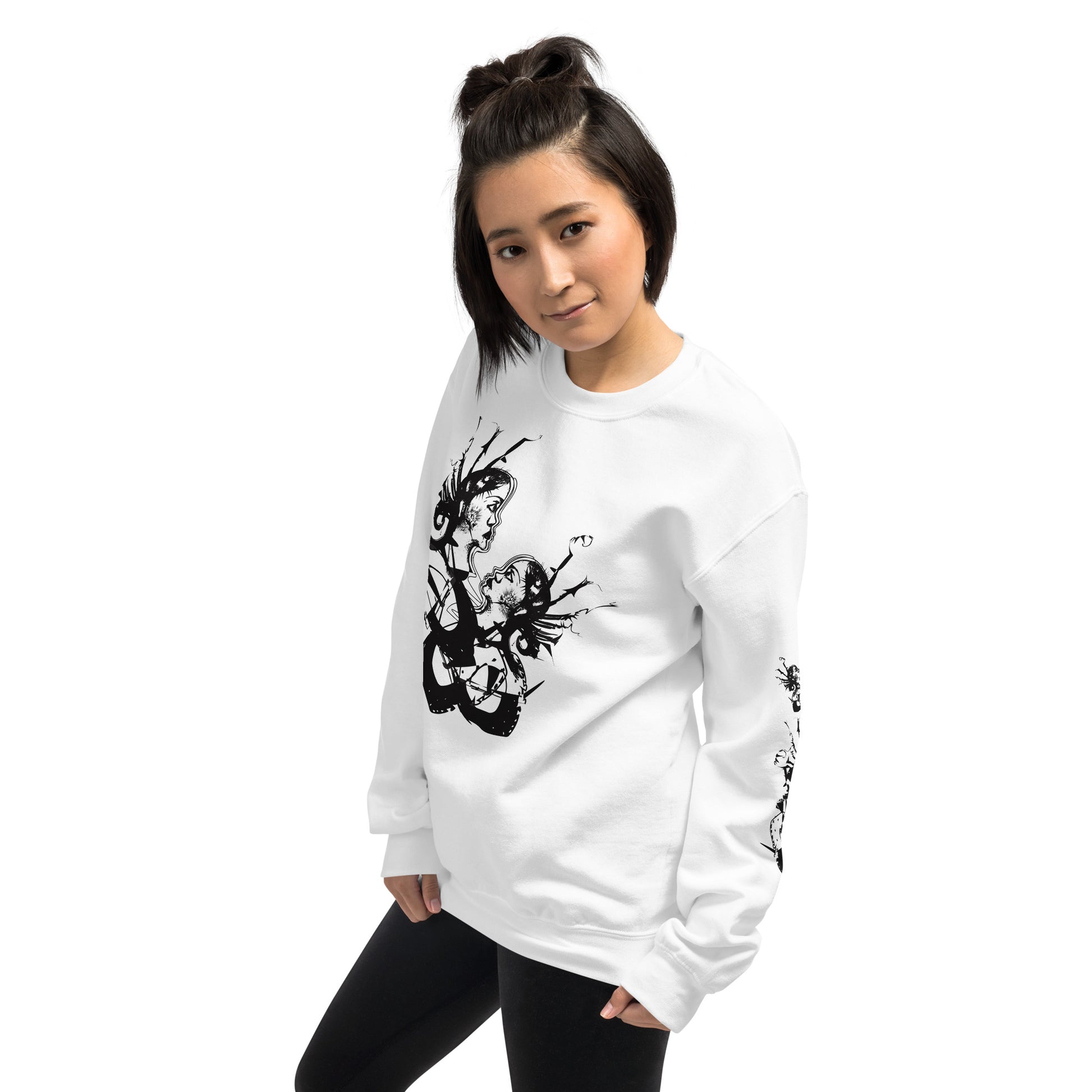 Front view of white unisex K.L.O.E. sweatshirt with black abstract hand-drawn illustration of two faces intertwined with organic shapes and cultural symbolism—expressing metamorphosis, identity, and artistic freedom.