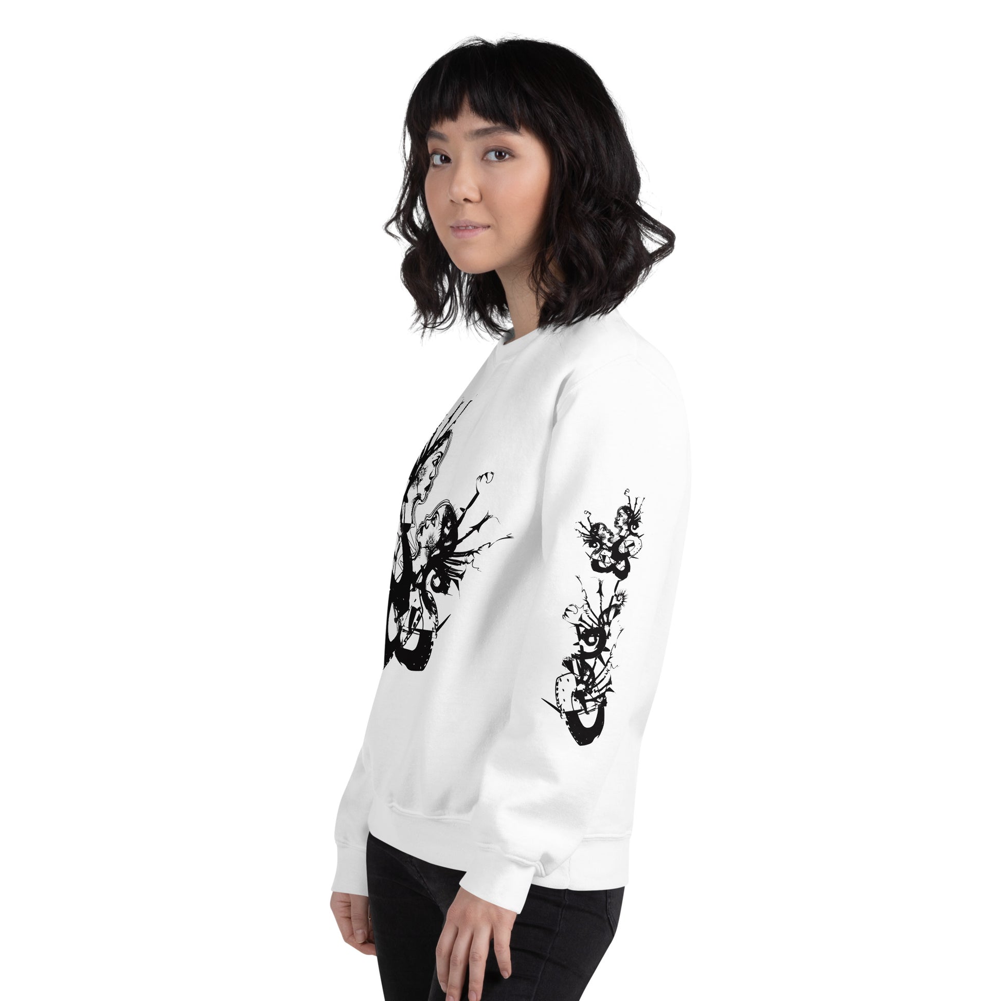 Front view of white unisex K.L.O.E. sweatshirt with black abstract hand-drawn illustration of two faces intertwined with organic shapes and cultural symbolism—expressing metamorphosis, identity, and artistic freedom.
