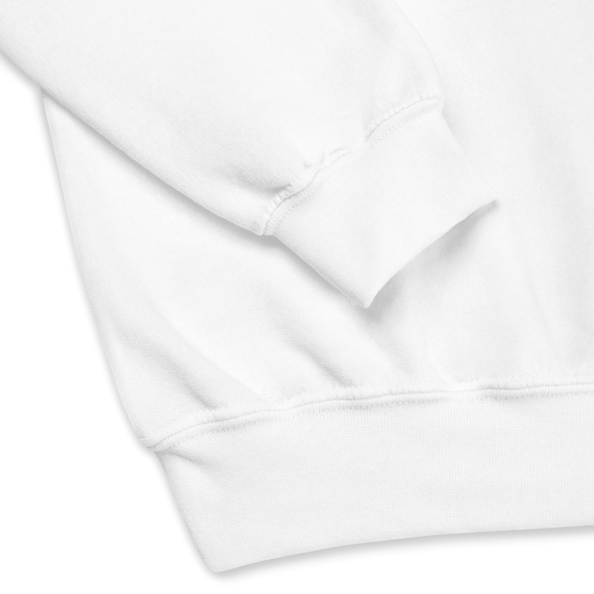 The detailed view of the sleeve of the white K.L.O.E. sweatshirt.