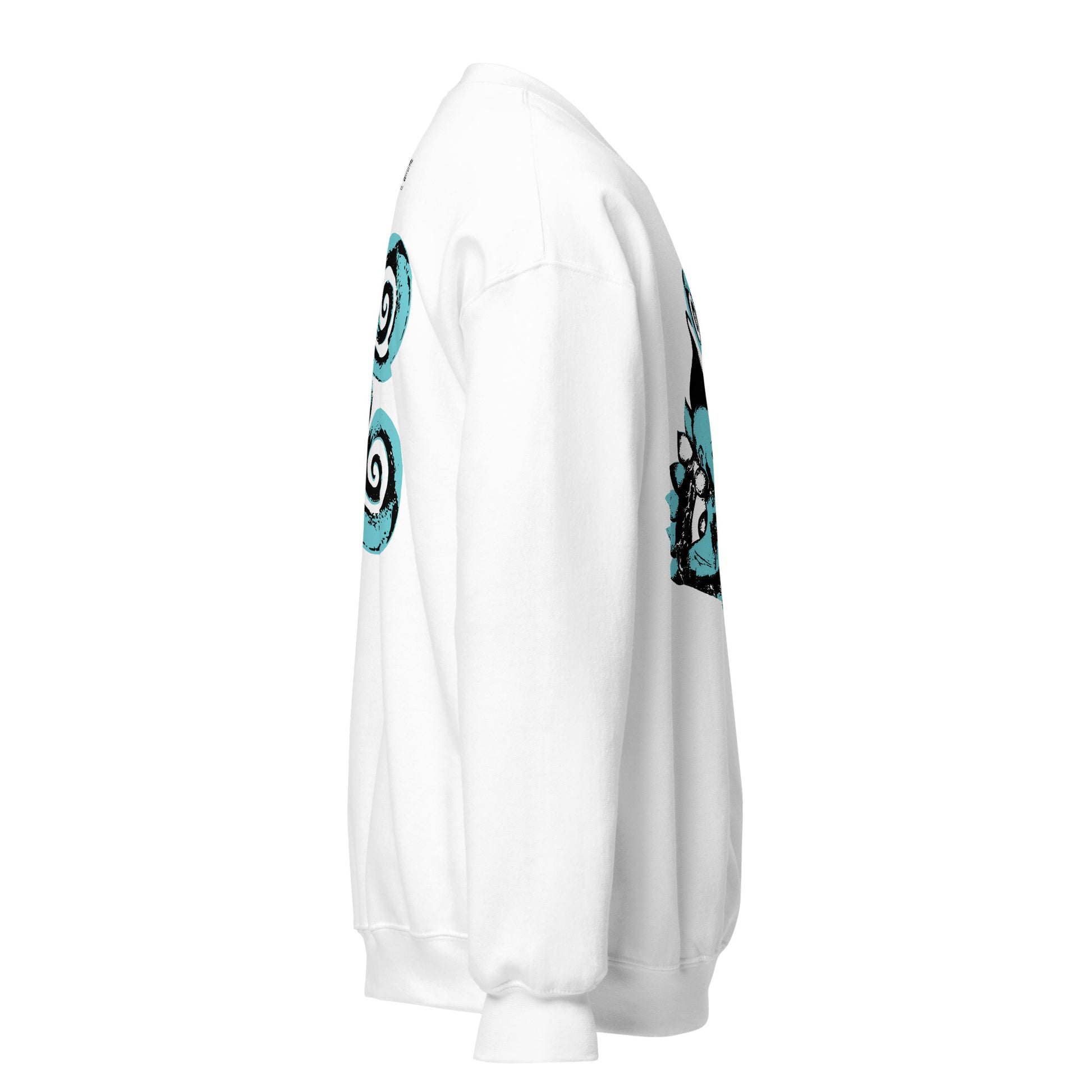 Side view of the white K.L.O.E. sweatshirt featuring a hand-drawn design of two mirrored faces in bold black and teal, showcasing cultural inspiration, individuality, and modern bohemian style self-expression.