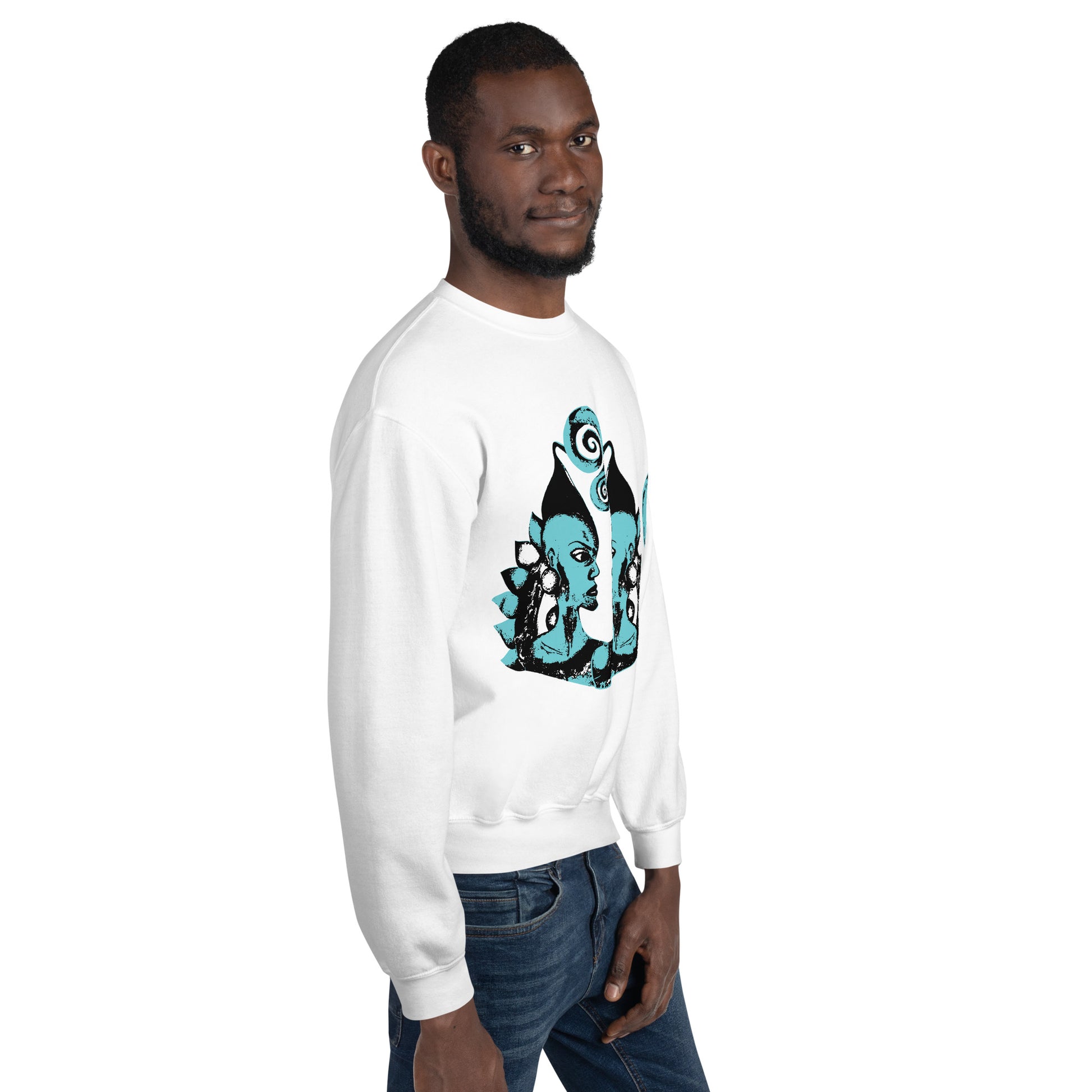 A male model wearing the white K.L.O.E. sweatshirt featuring a hand-drawn design of two mirrored faces in bold black and teal, showcasing cultural inspiration, individuality, and modern bohemian style self-expression.