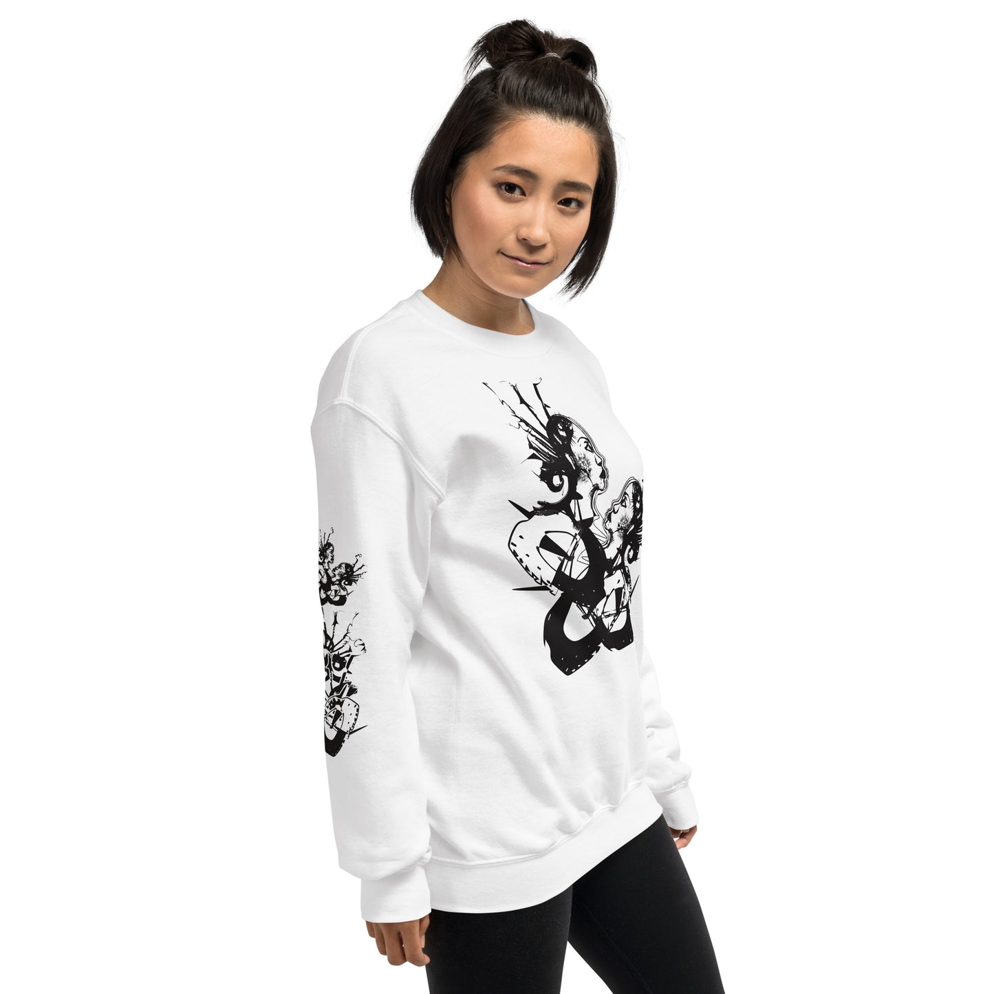 Front view of white unisex K.L.O.E. sweatshirt with black abstract hand-drawn illustration of two faces intertwined with organic shapes and cultural symbolism—expressing metamorphosis, identity, and artistic freedom.