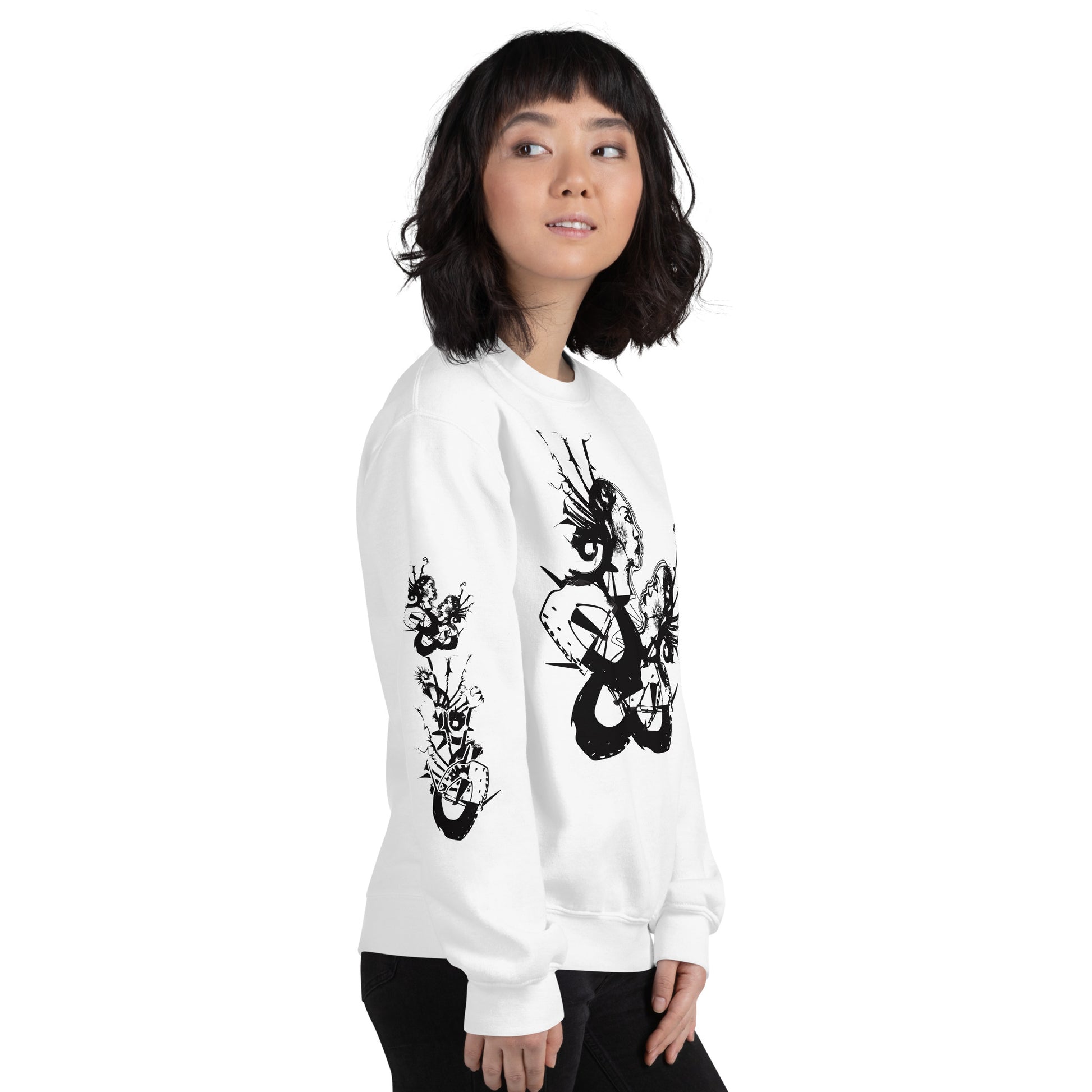 Front view of white unisex K.L.O.E. sweatshirt with black abstract hand-drawn illustration of two faces intertwined with organic shapes and cultural symbolism—expressing metamorphosis, identity, and artistic freedom.