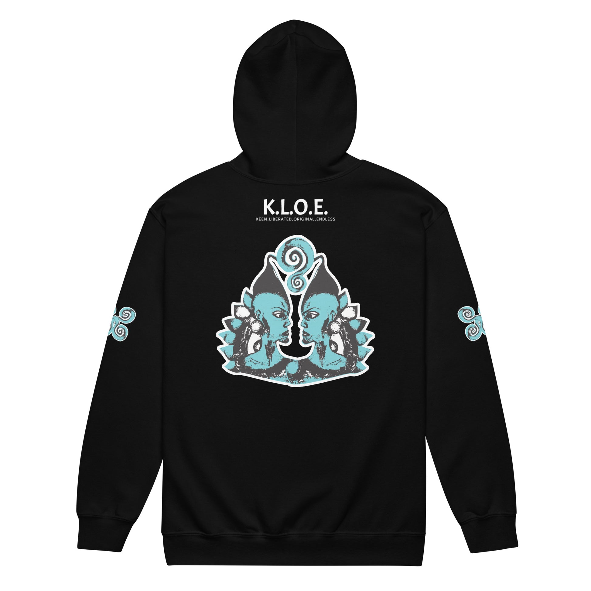 Black zip-up hoodie featuring a striking, hand-drawn graphic on the back of two mirrored female figures with intricate headpieces in black and teal, connected by a central spiral element. Teal spiral accents appear on each sleeve, adding a touch of cultural artistry. This K.L.O.E. design embodies modern boho style and expressive, artisan-crafted fashion, ideal for those who embrace unique, eco-friendly apparel and global inspiration.